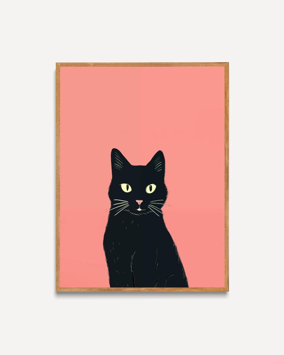 Zwarte kat op roze achtergrond Poster – portret poster als wanddecoratie