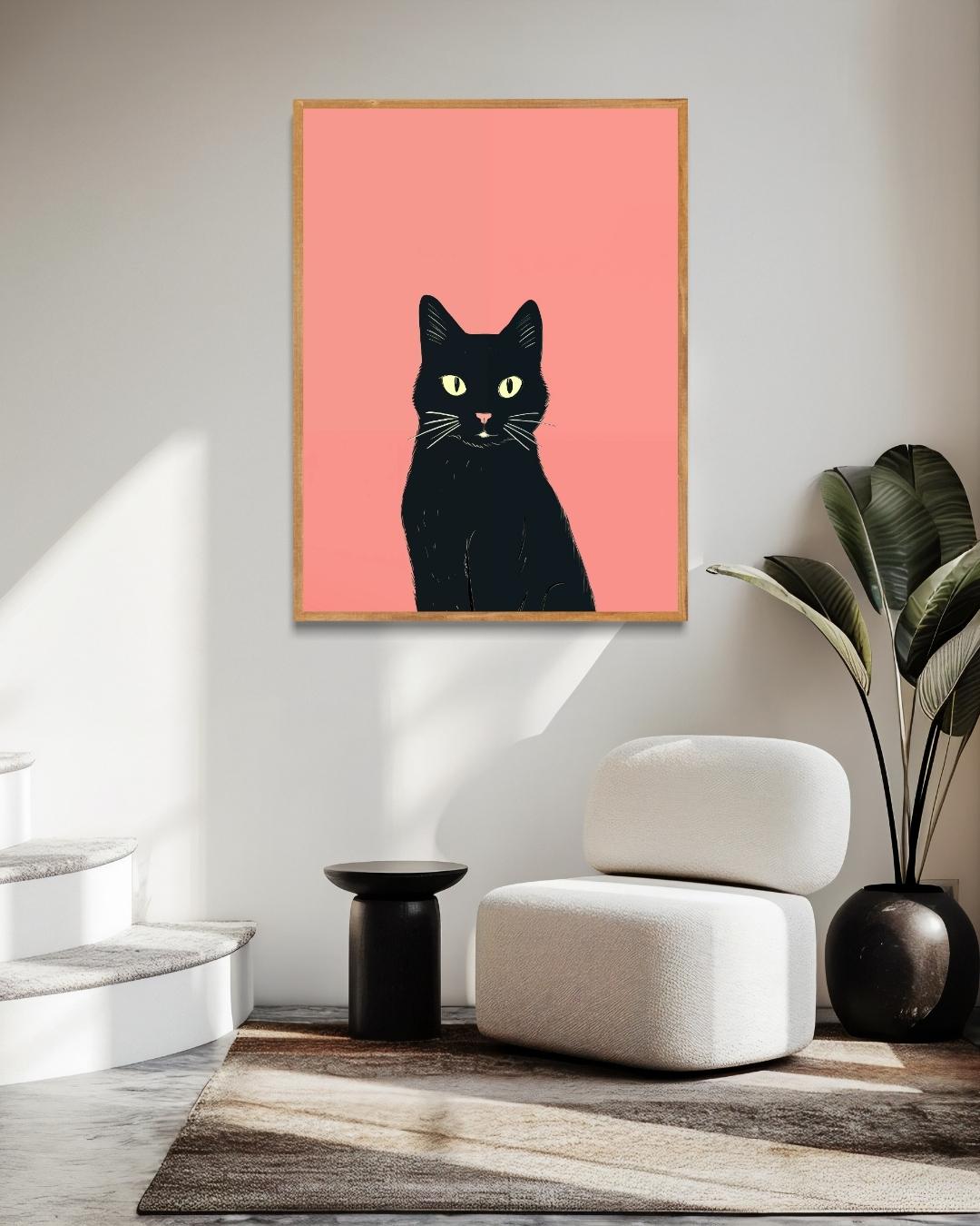 Zwarte kat op roze achtergrond Poster – staande poster voor modern interieur