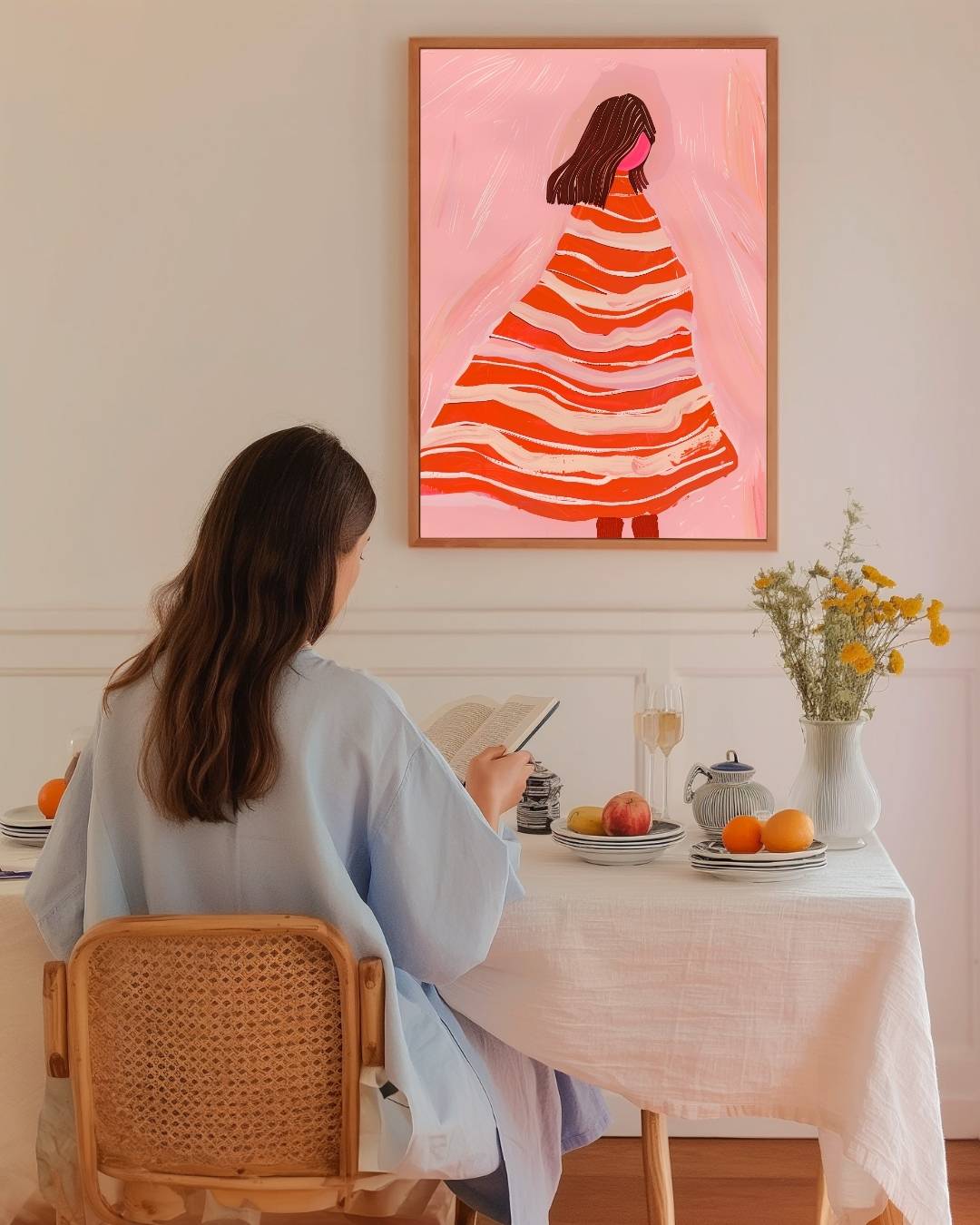 Vrouw in rode jurk Poster – staande poster voor modern interieur
