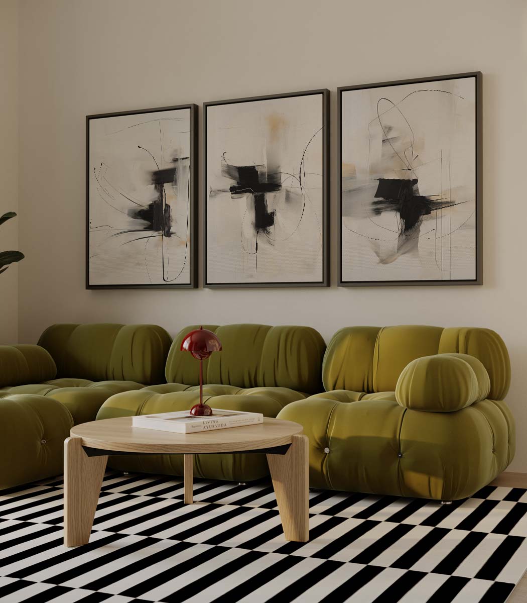 Abstract zwart-wit contrast – drieluik als wanddecoratie