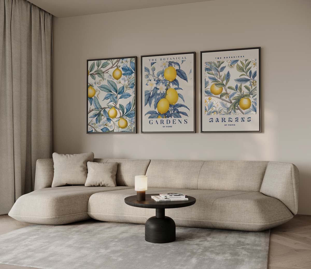 Botanische citroendrieluik met tekst 'THE BOTANICAL GARDENS' – drieluik voor modern interieur