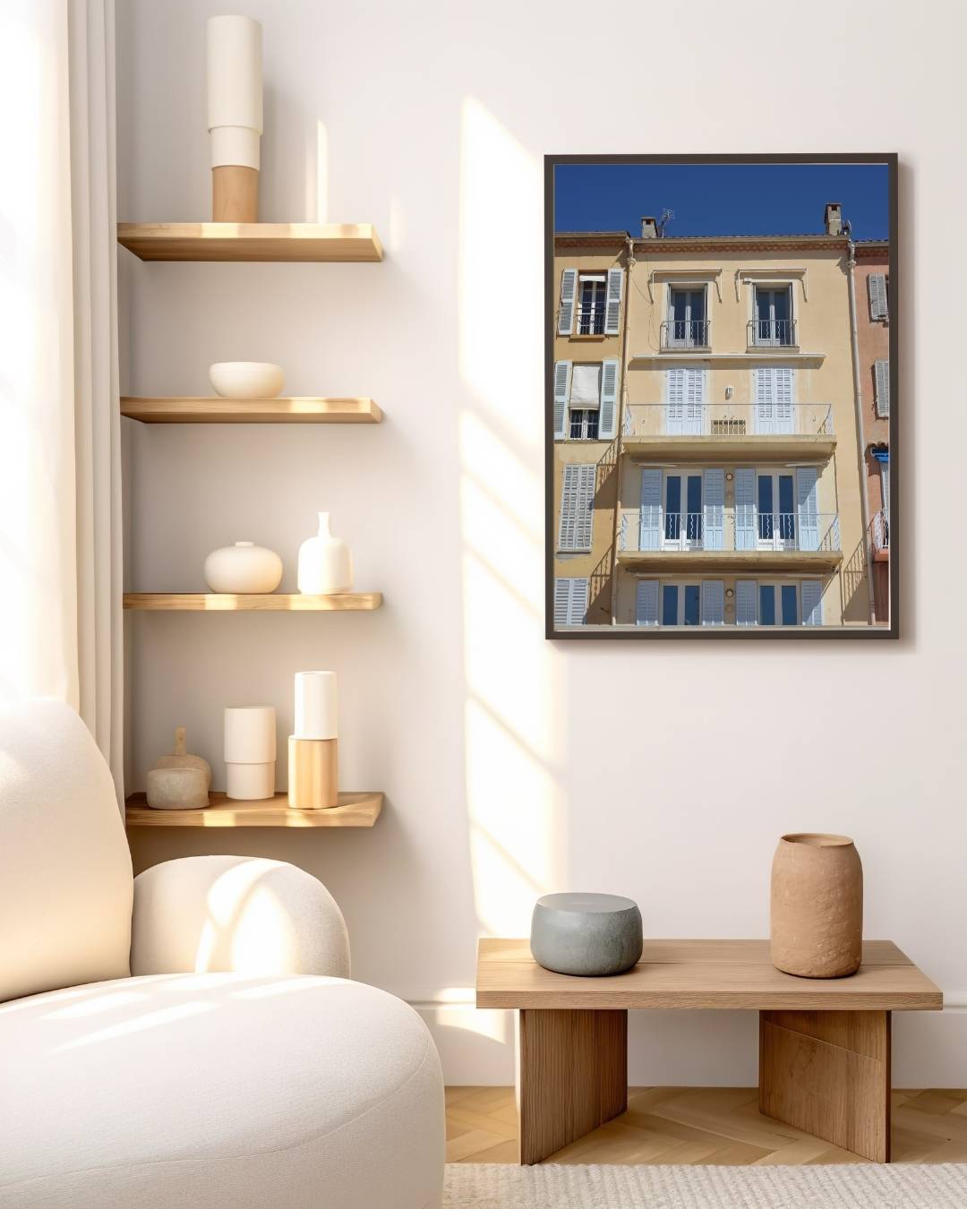 Gevel met blauwe luiken Poster – staande poster voor modern interieur