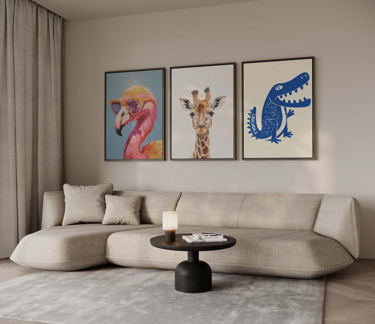 Dierenportretten: flamingo, giraffe en krokodil – drieluik voor modern interieur