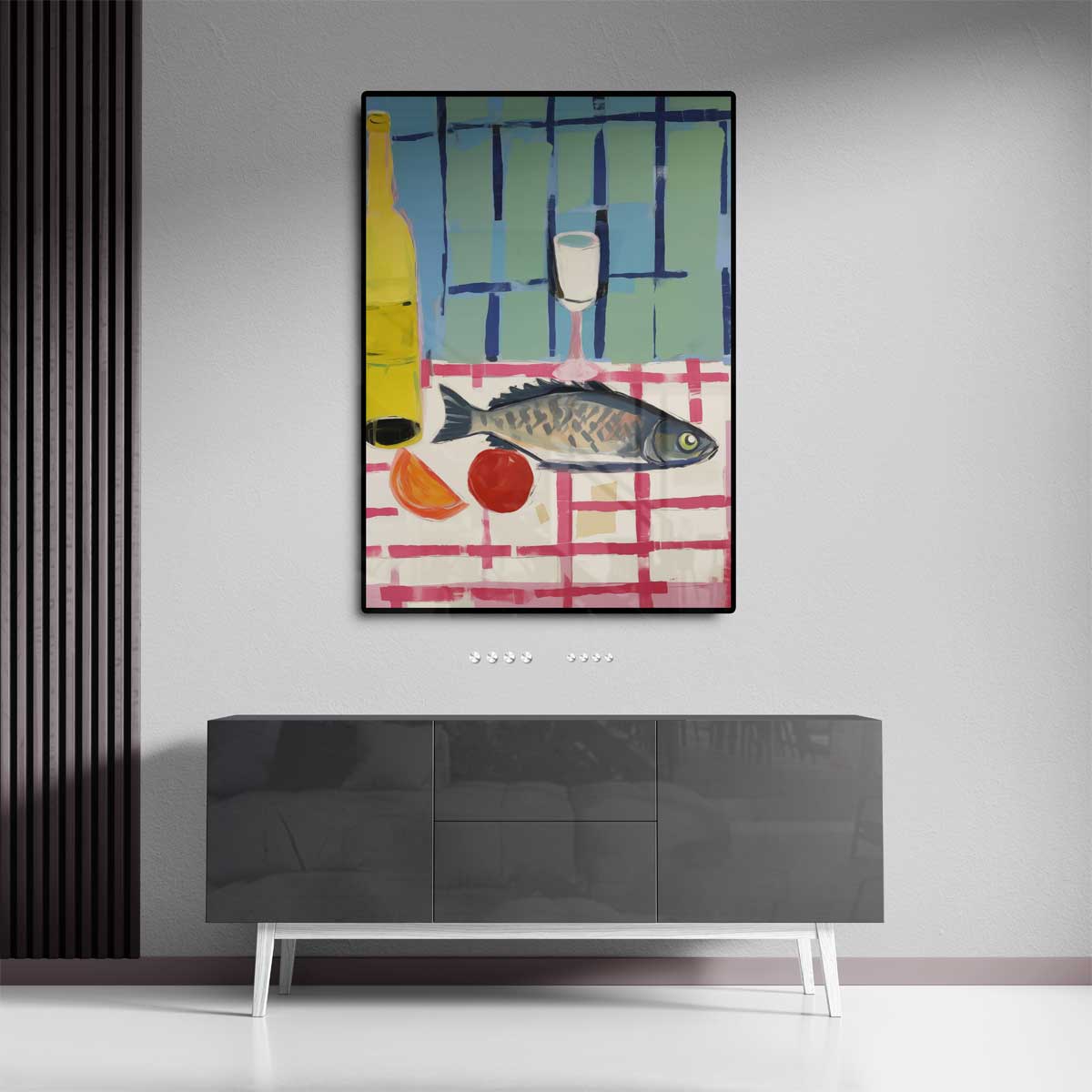 Vis met wijn op geruit tafelkleed – canvas wanddecoratie in portret formaat