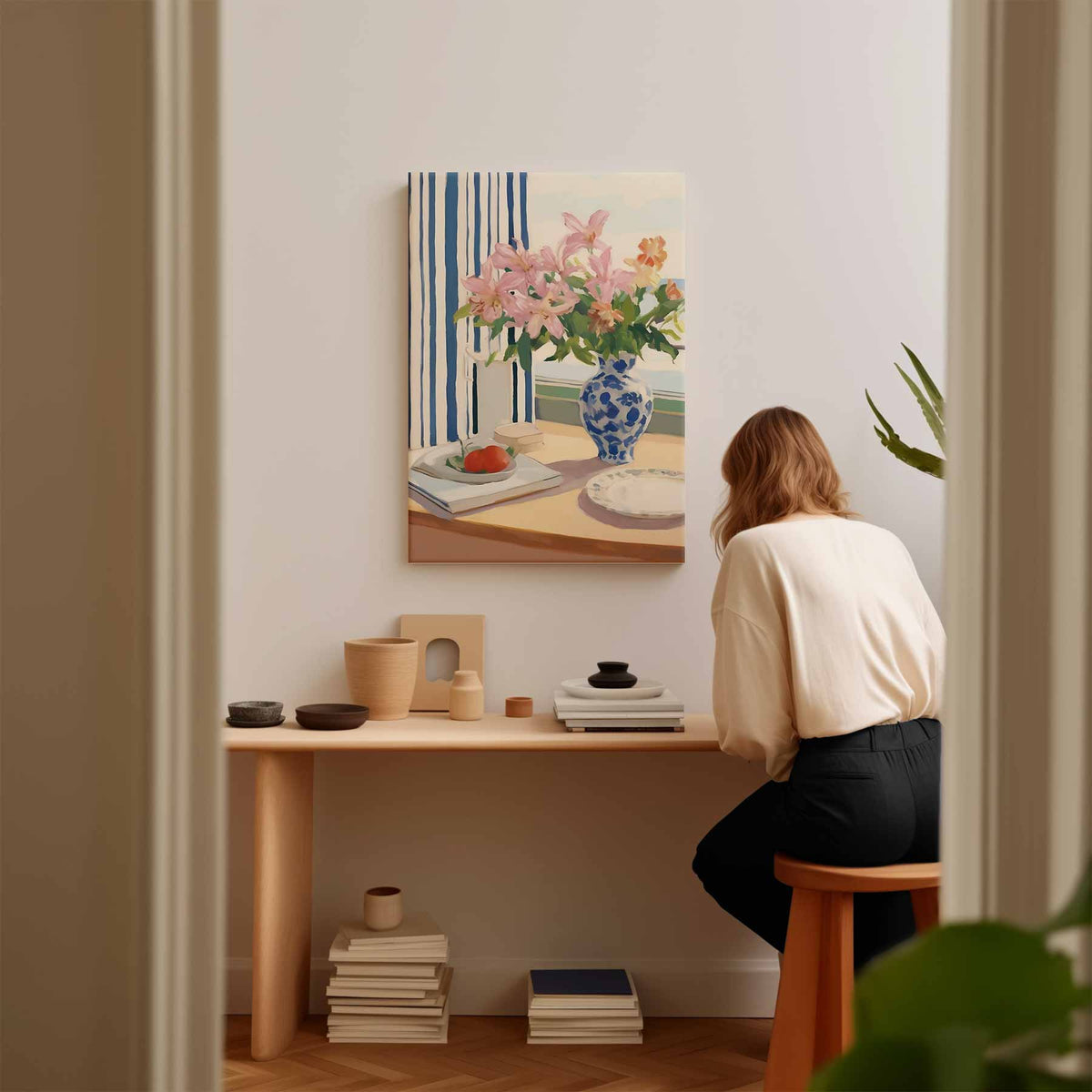 Zomerlicht aan tafel – kunstwerk met zwarte baklijst