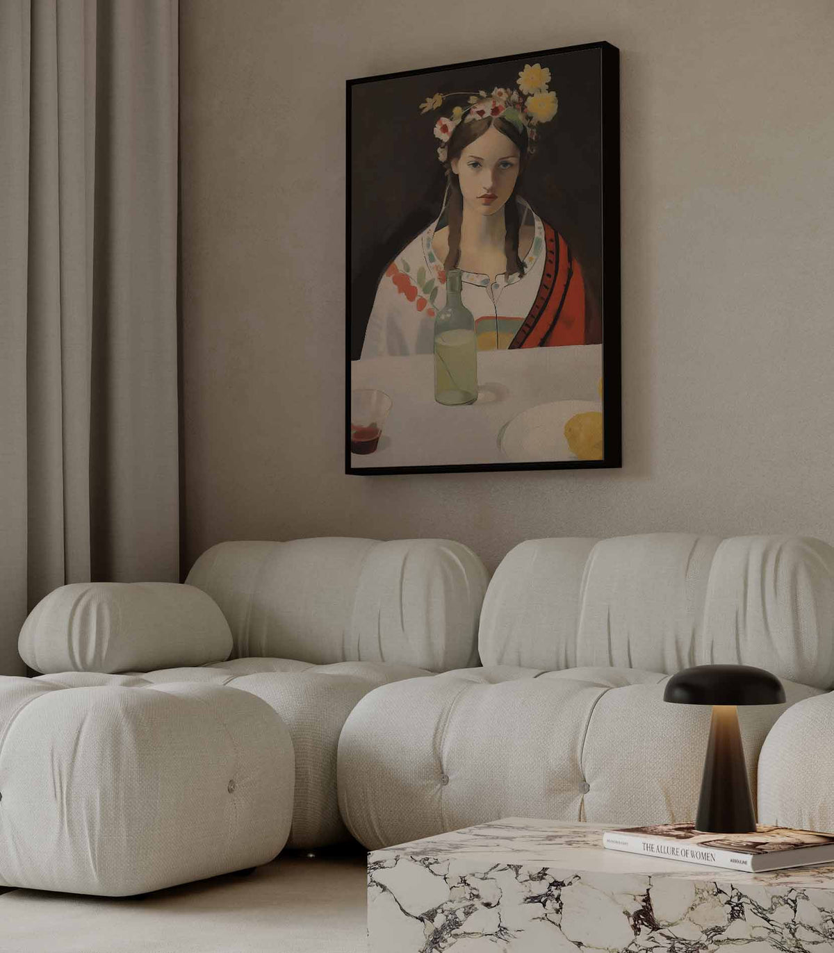 Meisje met bloemenkrans – staand kunstwerk voor modern interieur
