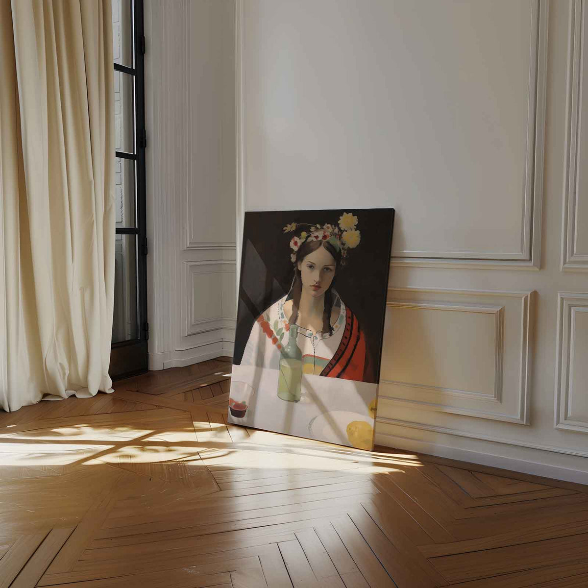 Meisje met bloemenkrans – modern portret kunstwerk van WallArtistic