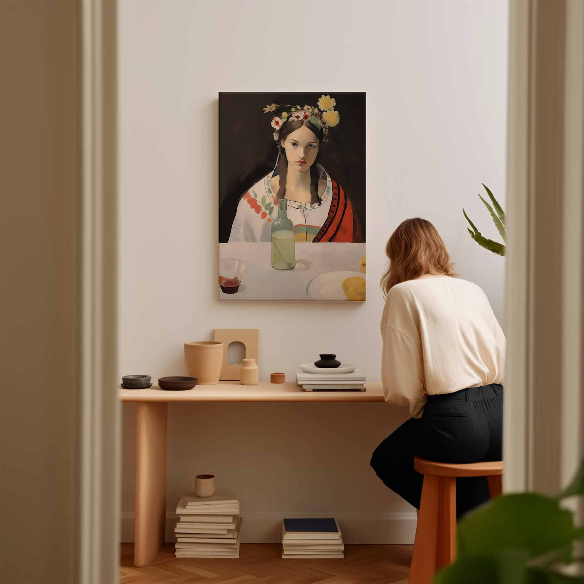 Meisje met bloemenkrans – kunstwerk met zwarte baklijst