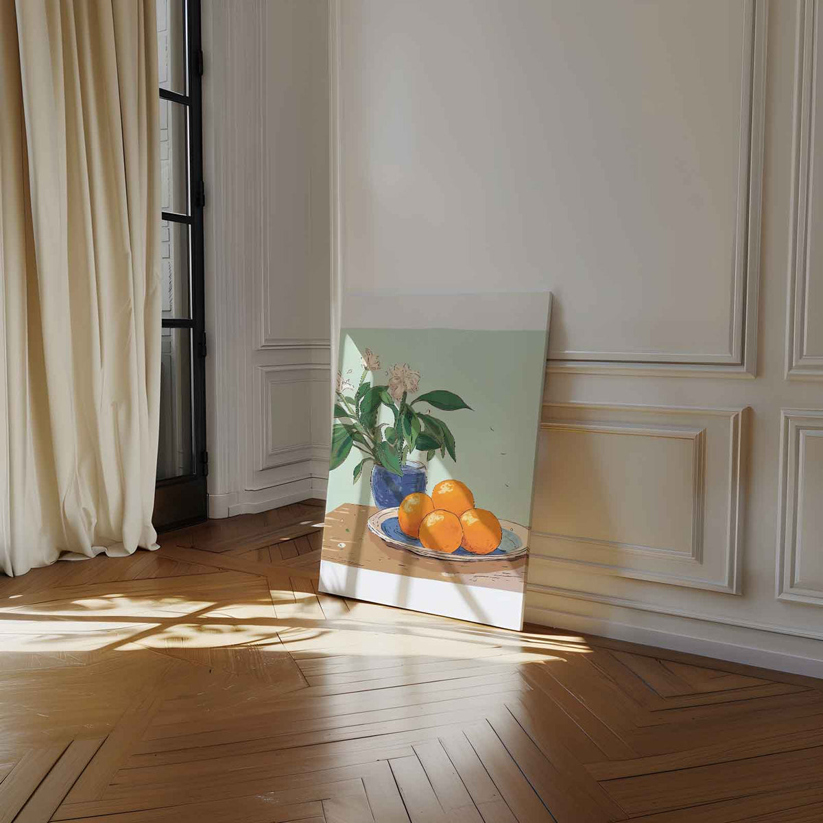 Sinaasappels op tafel – kunstwerk met zwarte baklijst