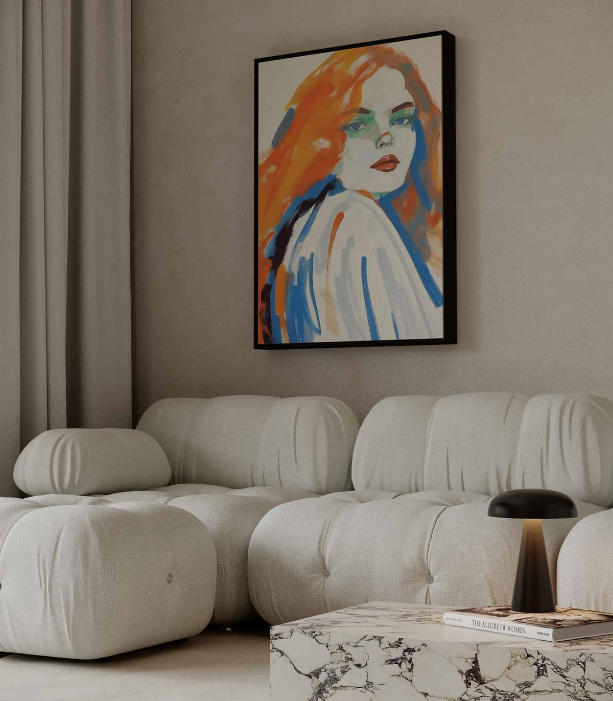 Schets van een vrouw met oranje haar – staande wandkunst voor woonkamer of interieur