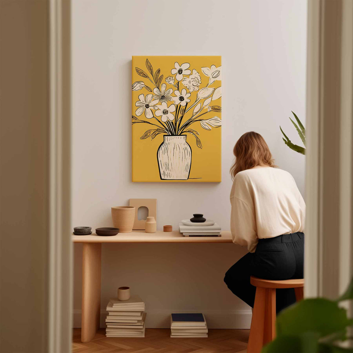 Vaas met bloemen op geel – staand kunstwerk voor modern interieur