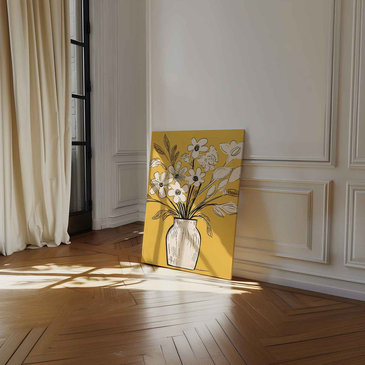Illustratie op okergeel – plexiglas wanddecoratie in portret formaat