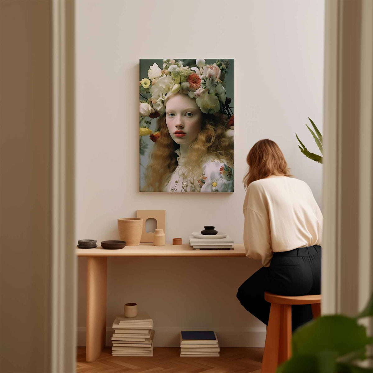 Portret met bloemenkroon II – dibond wanddecoratie in staand formaat