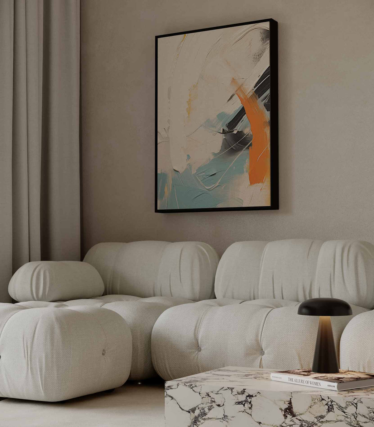 Abstracte kleurbeweging met oranje accent – staand kunstwerk voor modern interieur