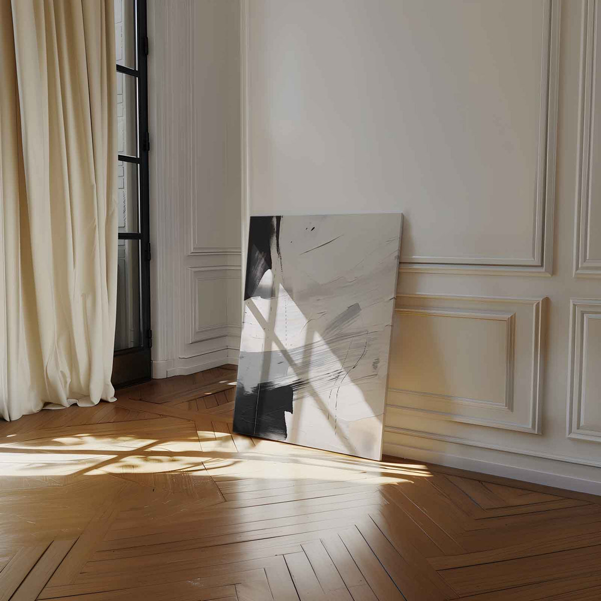 Zwarte penseelstreek op wit – plexiglas wanddecoratie in portret formaat
