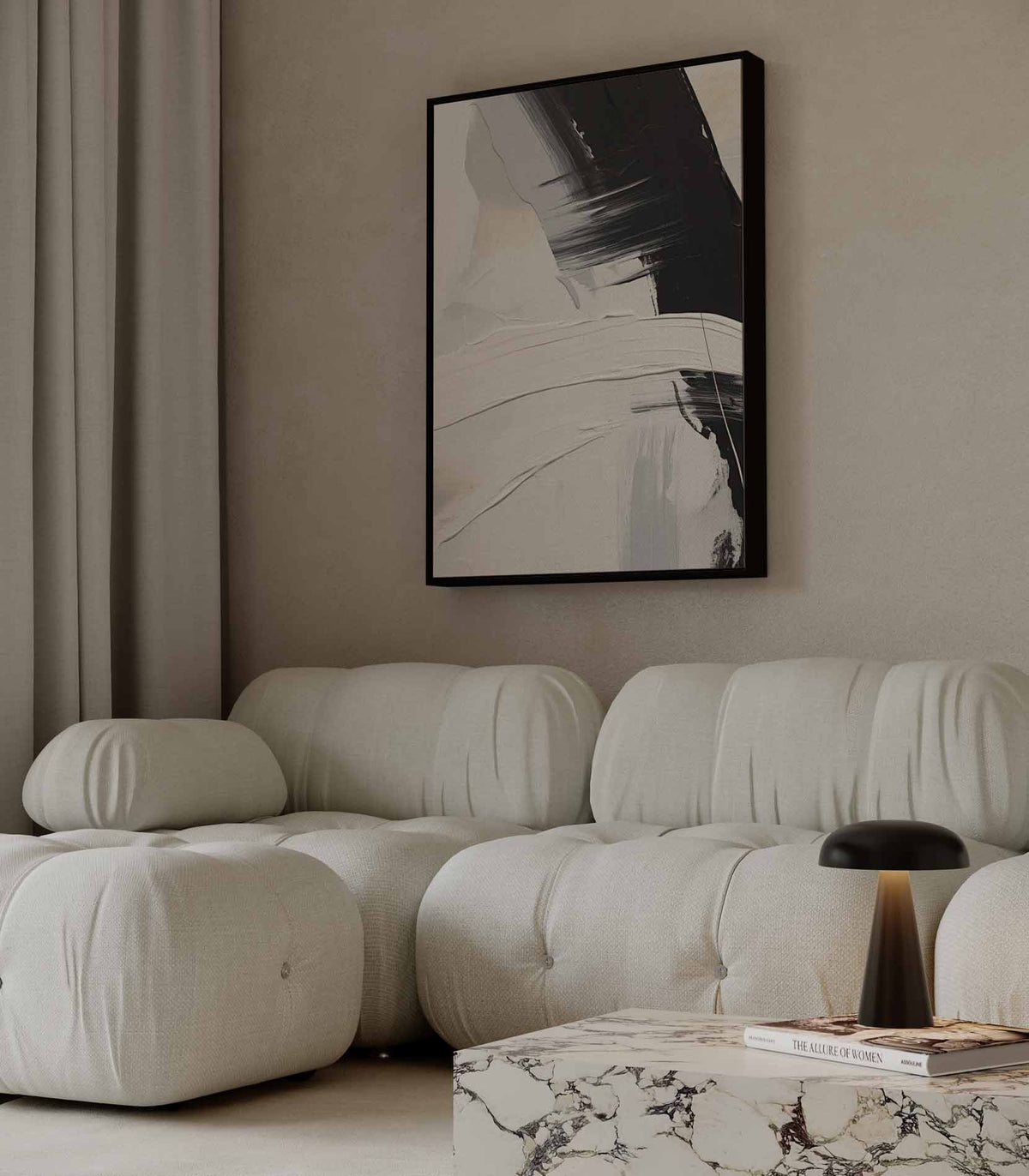 Zwart-witte structuur met grijstinten – staand kunstwerk voor modern interieur