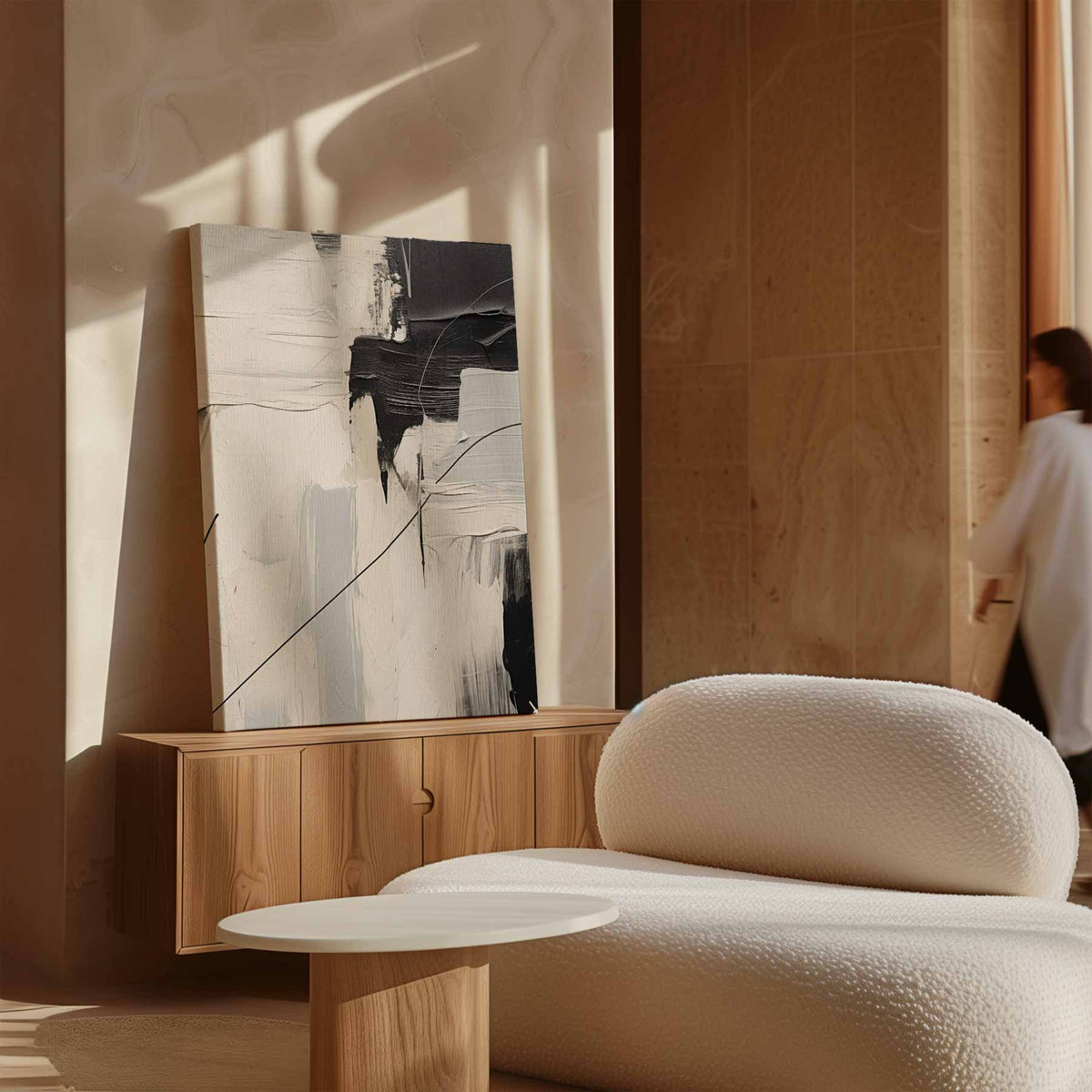 Geometrische vlakken en fijne lijnen – staand kunstwerk voor modern interieur