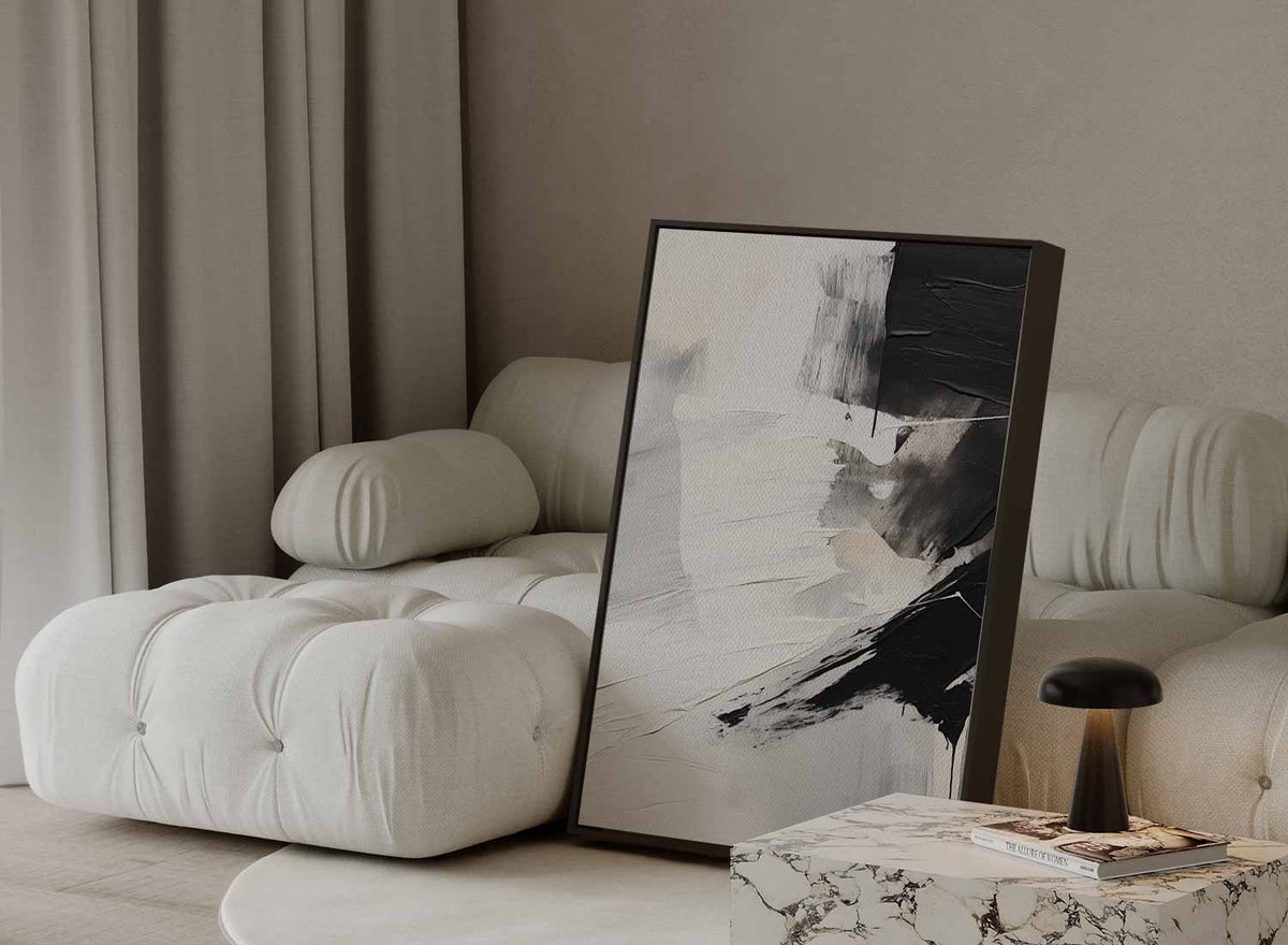 Wit en zwart met ruwe verfstructuur – canvas wanddecoratie in portret formaat