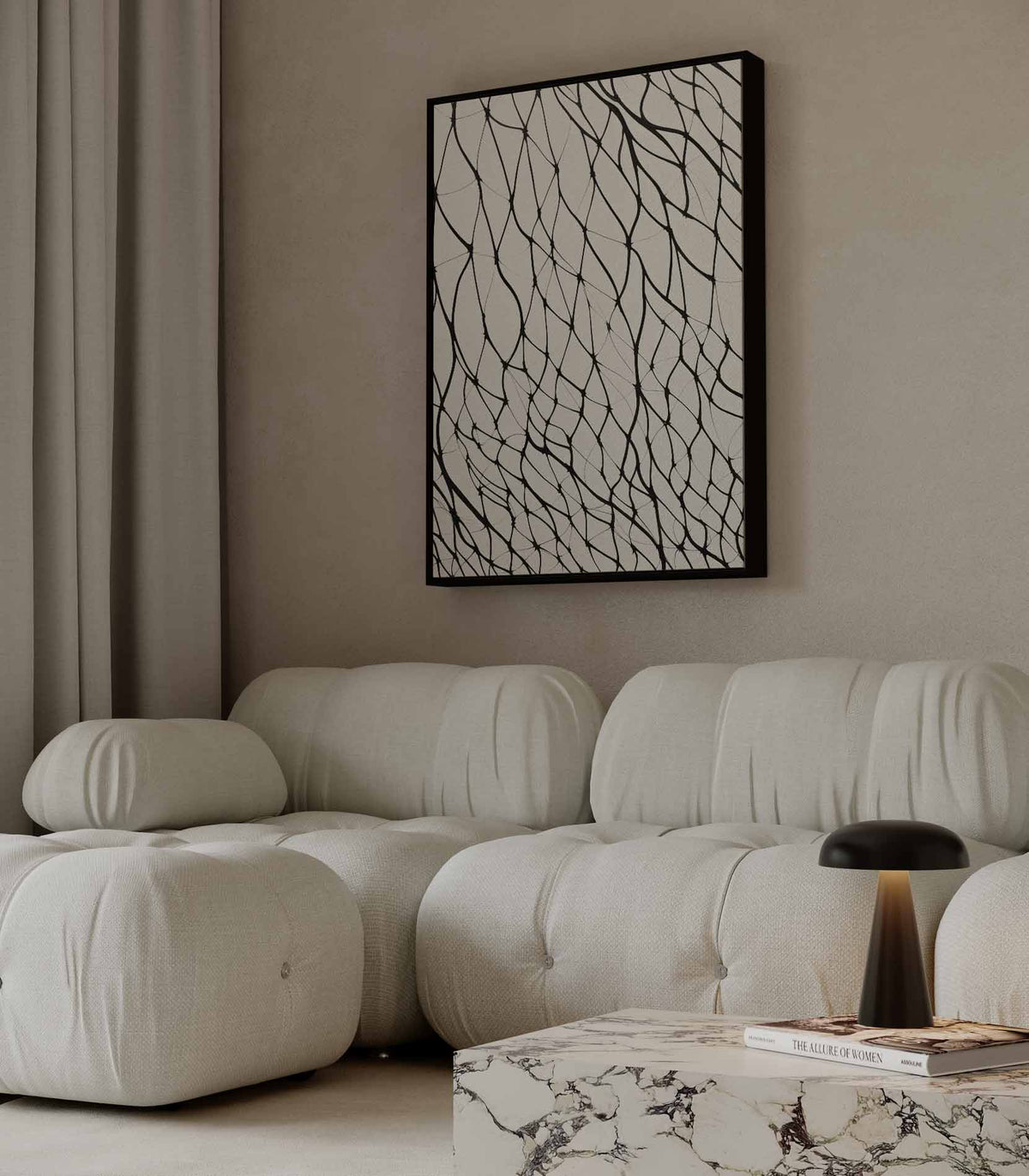 Lijnenpatroon in zwart op licht vlak – staand kunstwerk voor modern interieur