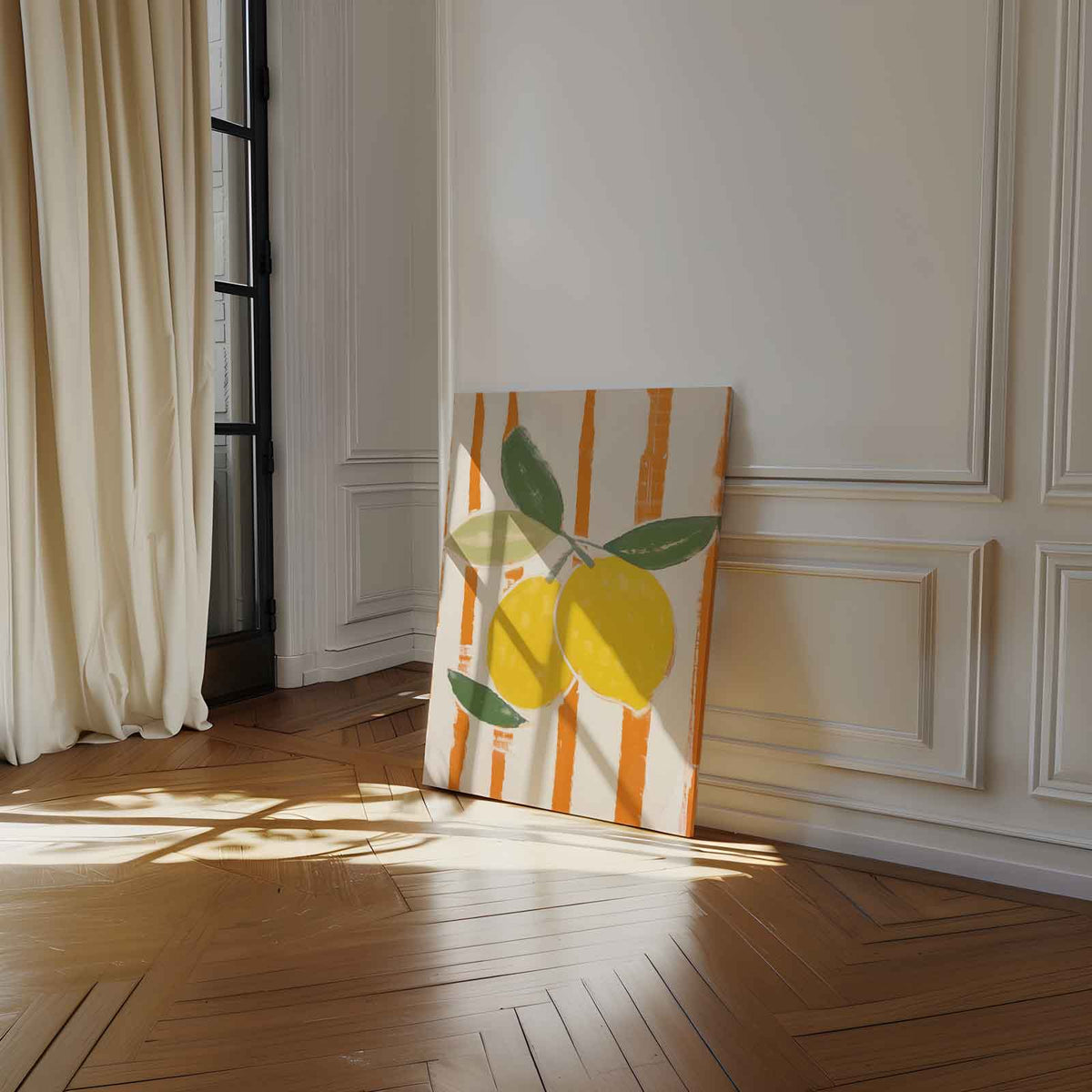 Citroenen op gestreepte achtergrond – modern portret kunstwerk van WallArtistic