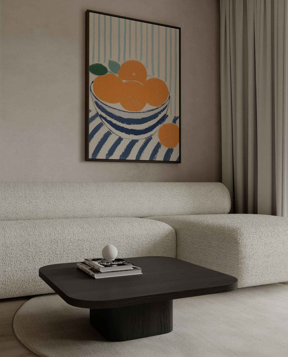 Blauwe kom met sinaasappels op gestreept tafelkleed – dibond kunstwerk als wanddecoratie