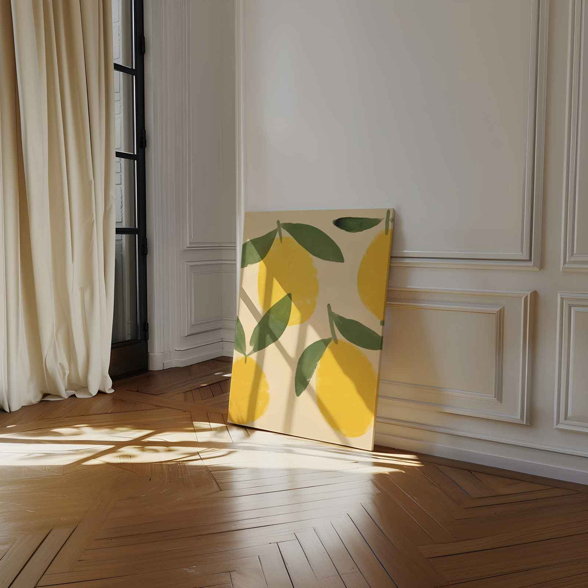 Citroenen met bladeren op beige achtergrond – dibond wanddecoratie in staand formaat