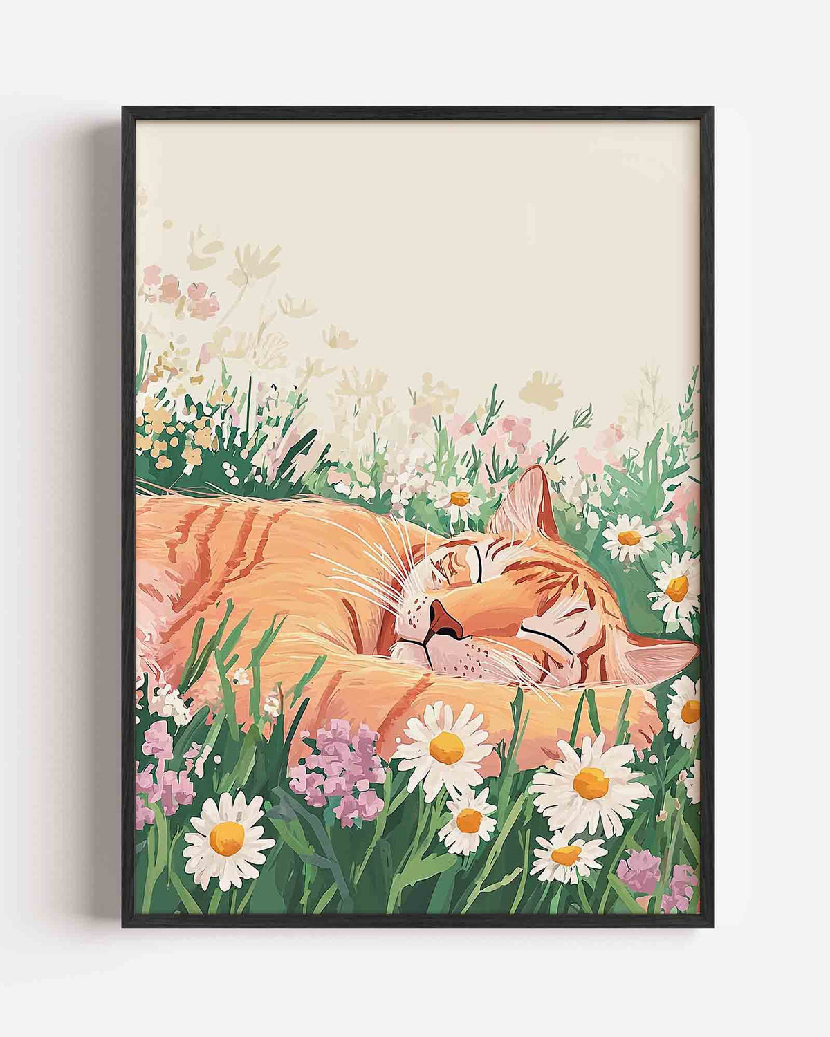 Slapende kat in bloemen – dieren portret poster als wanddecoratie