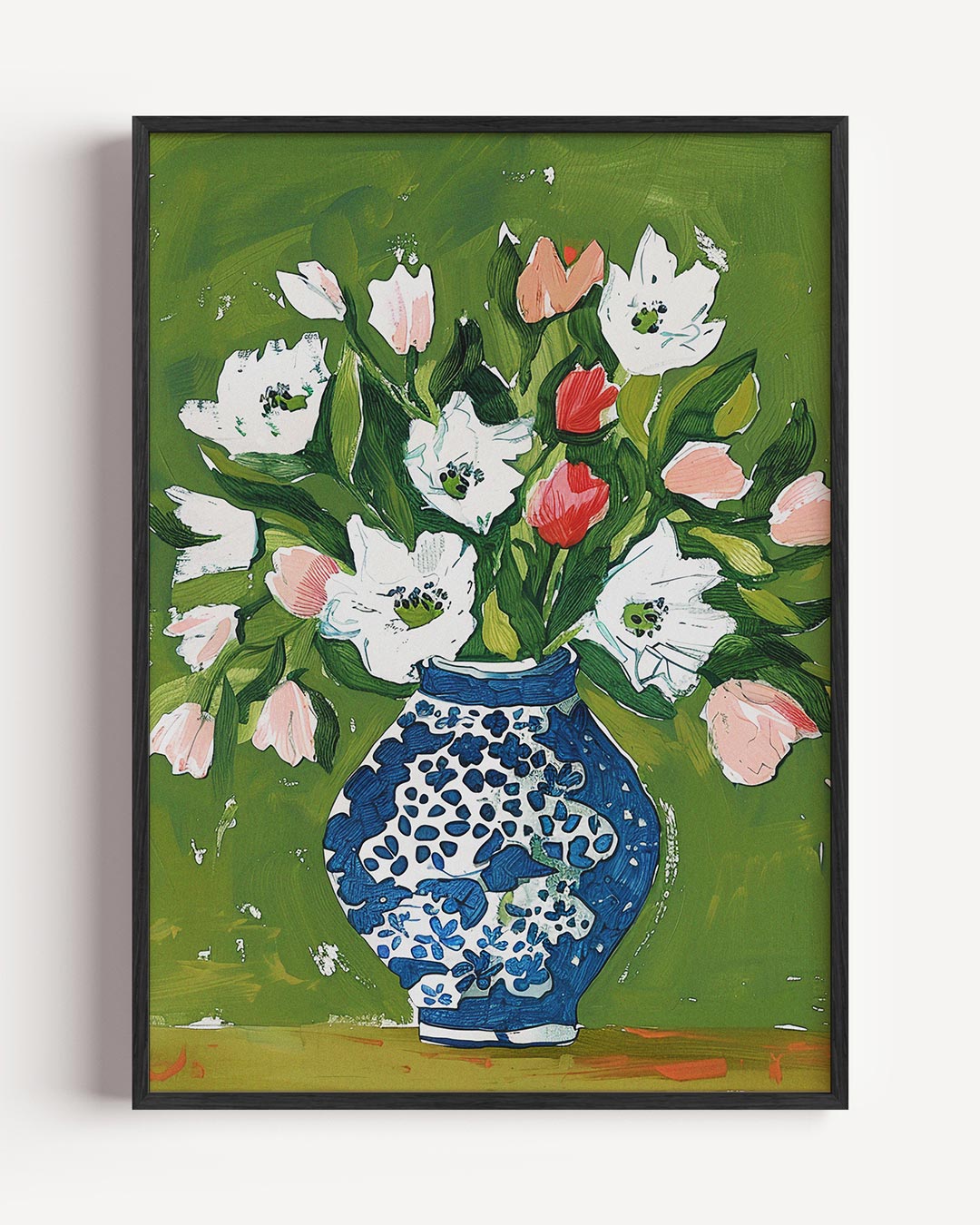 Vaas met bloemen op groene achtergrond – bloemen portret poster als wanddecoratie