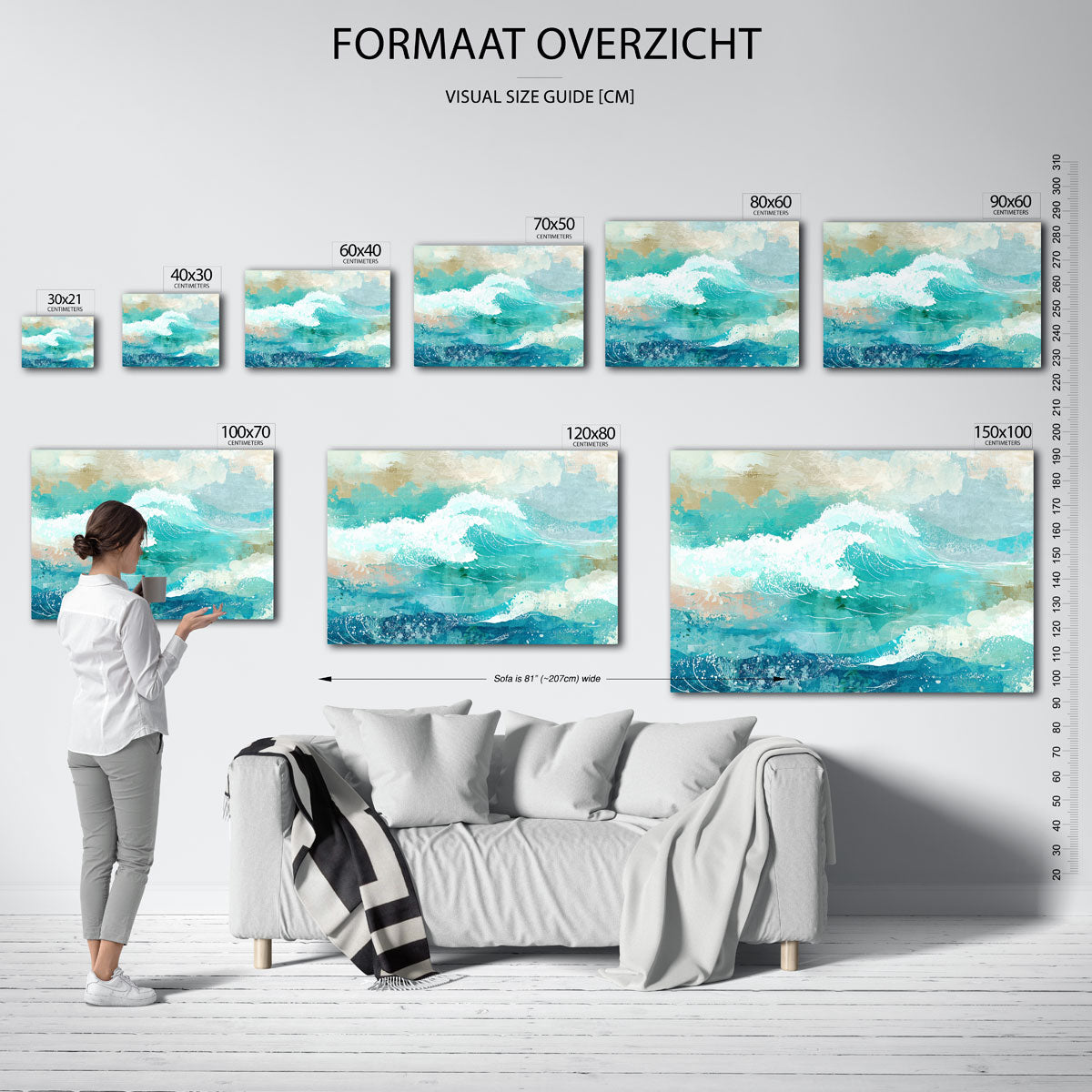 Golven in turquoise – liggende muurposter met abstracte vormen