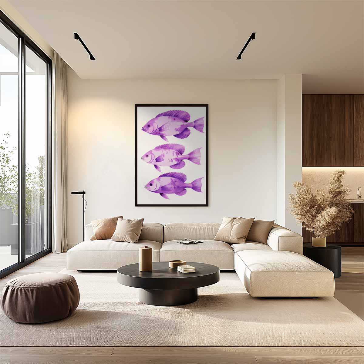 Paarse Vis Trio – dibond wanddecoratie in staand formaat