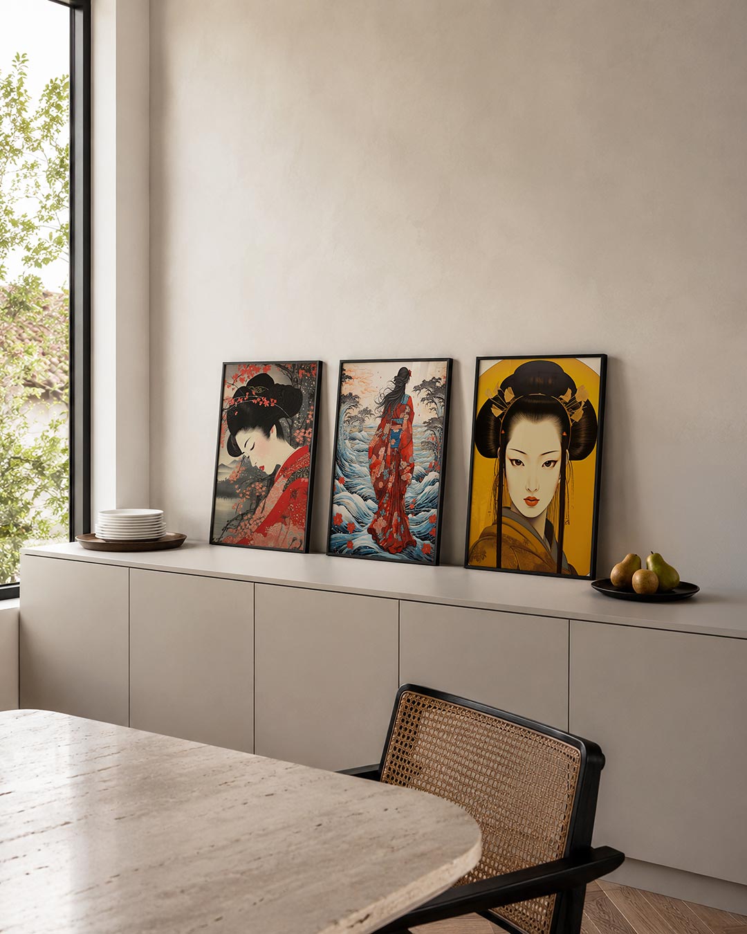 Bloesem en stille schoonheid posterset – detailweergave – een serene vrouw in rood met bloesemtakken