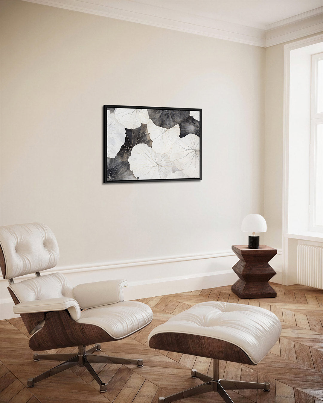 Bladpatroon in zwart wit – alternatieve weergave van het kunstwerk