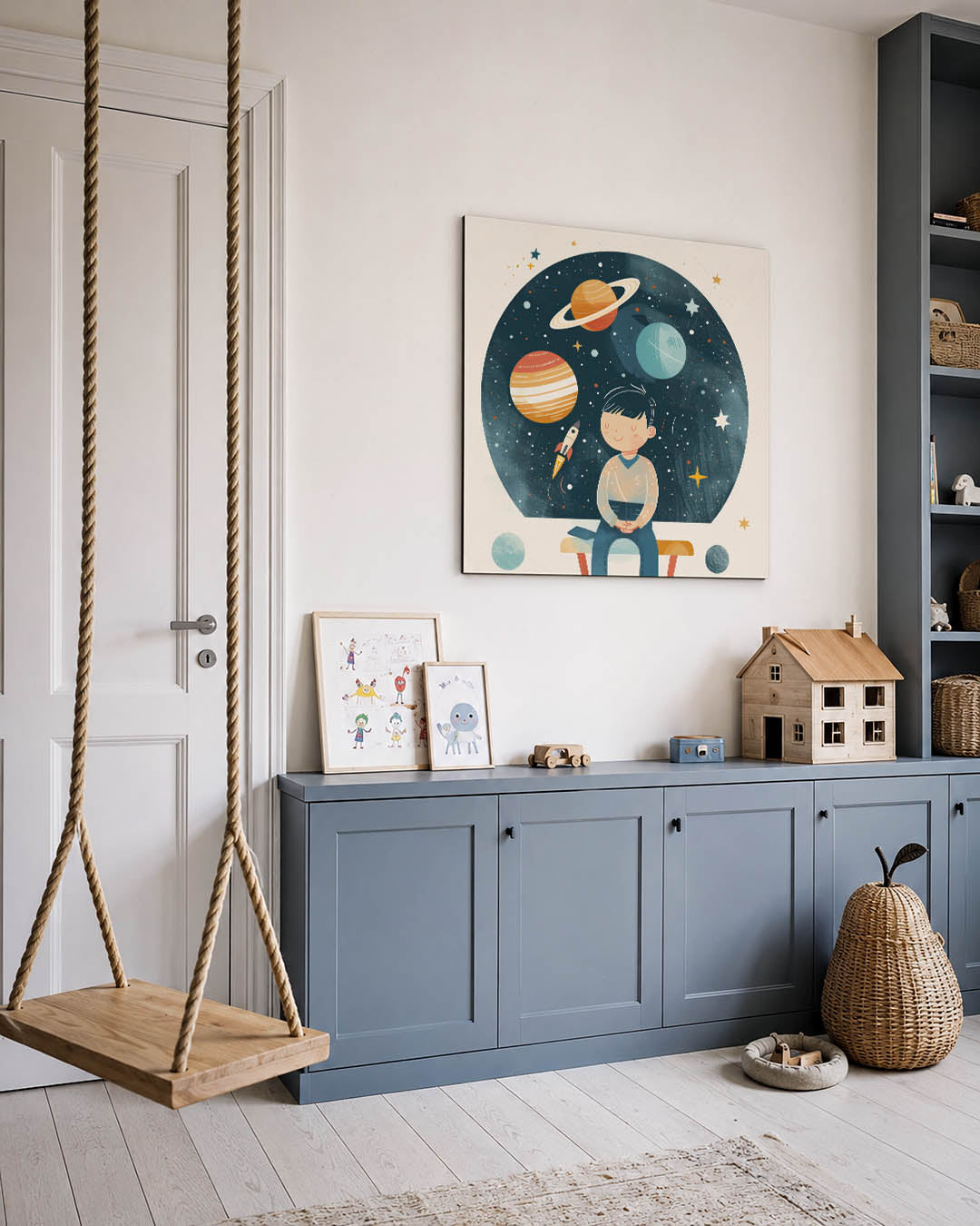 Dromerige ruimte illustratie kunstwerk – vierkante wanddecoratie – dit kunstwerk toont een kind dat dromerig naar de sterren
