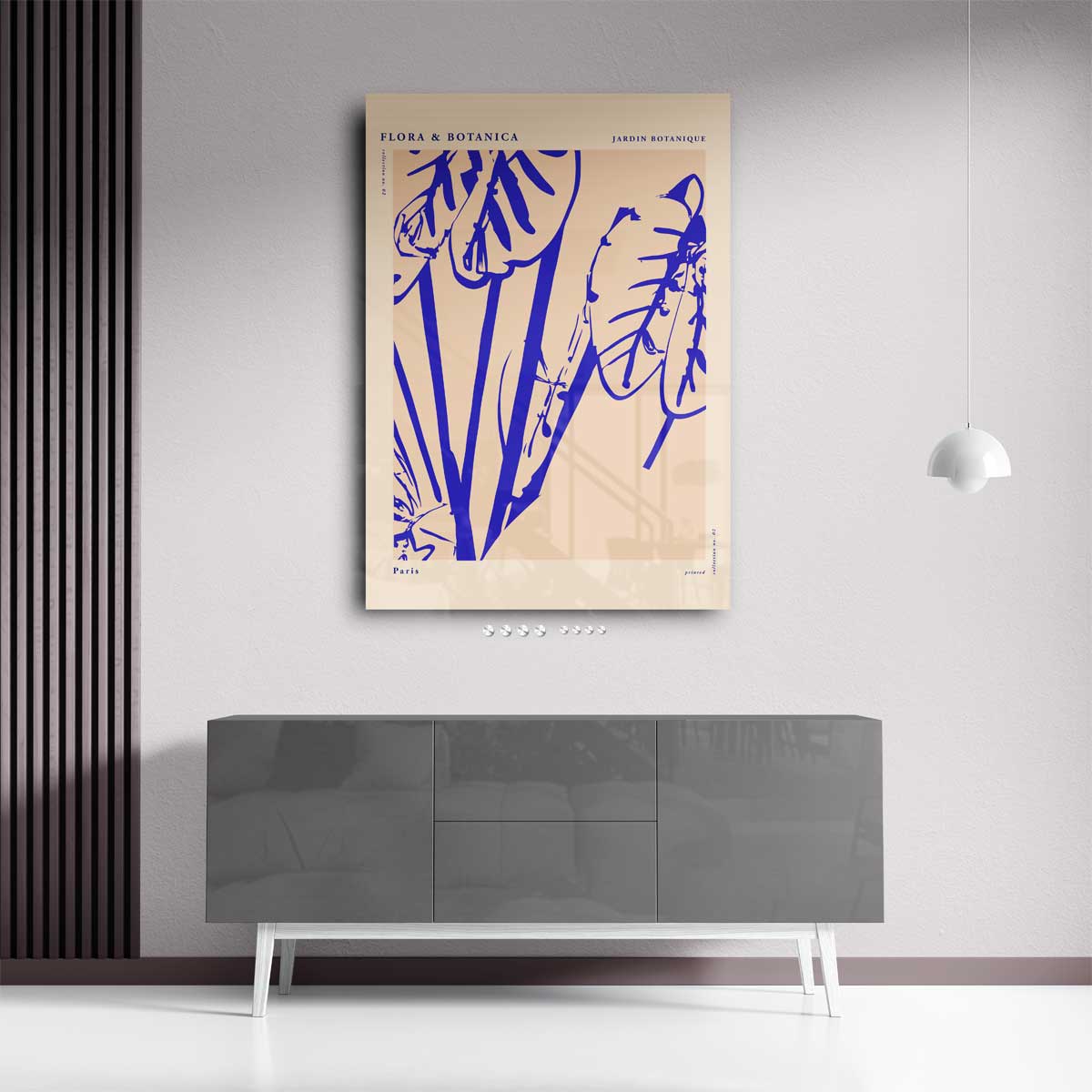 Botanische Bladprint in Blauw – staand kunstwerk voor modern interieur