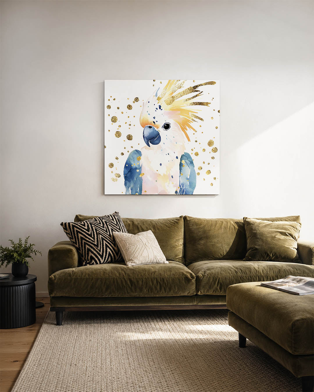 Vrolijke papegaai kunstwerk – sfeerbeeld – dit kunstwerk toont een kleurrijke papegaai met blauwe en oranje tinten, omringd