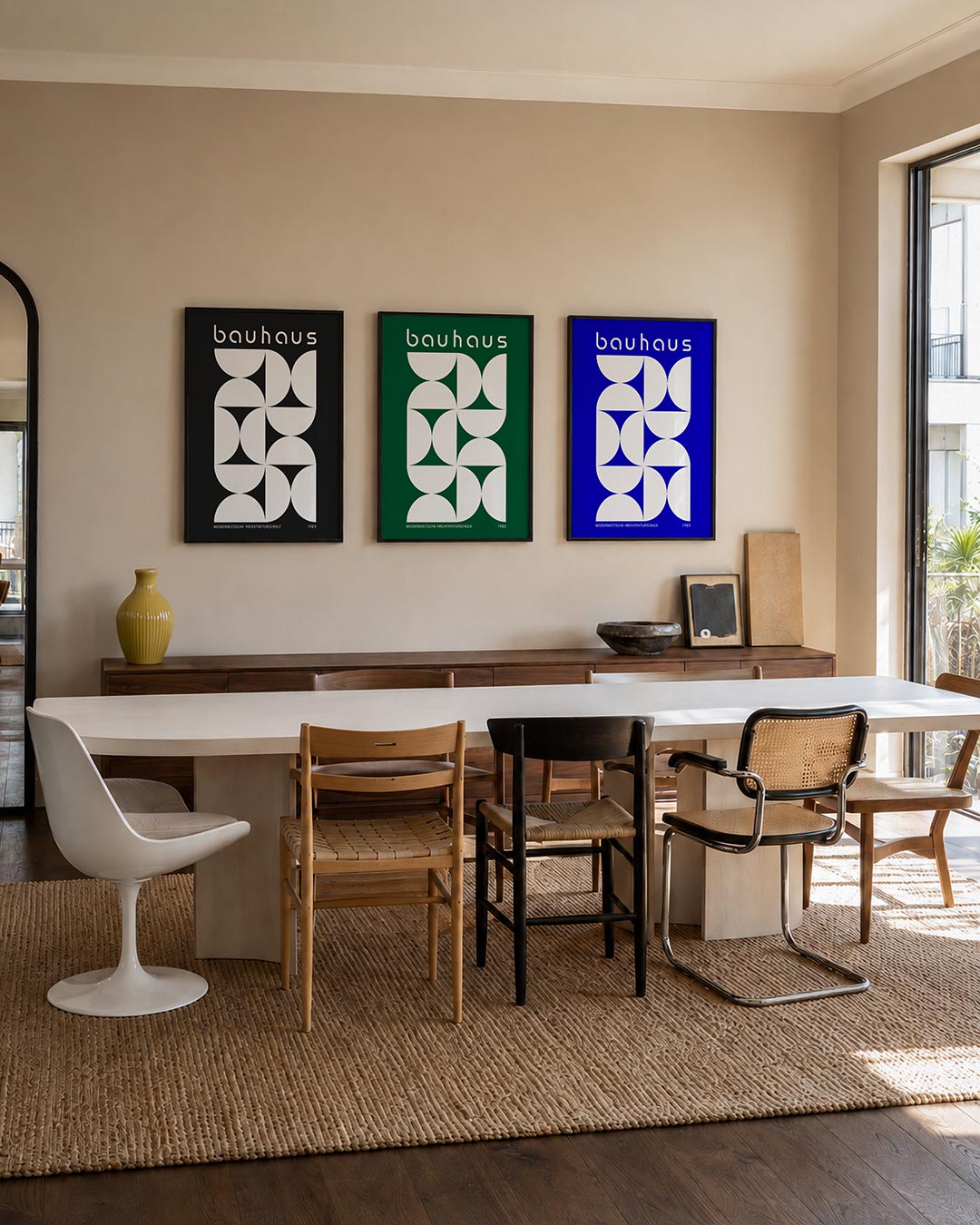 Vormenspel en contrast driedelige posterset – deze posterset in drie delen toont een dynamisch spel van halve cirkels en