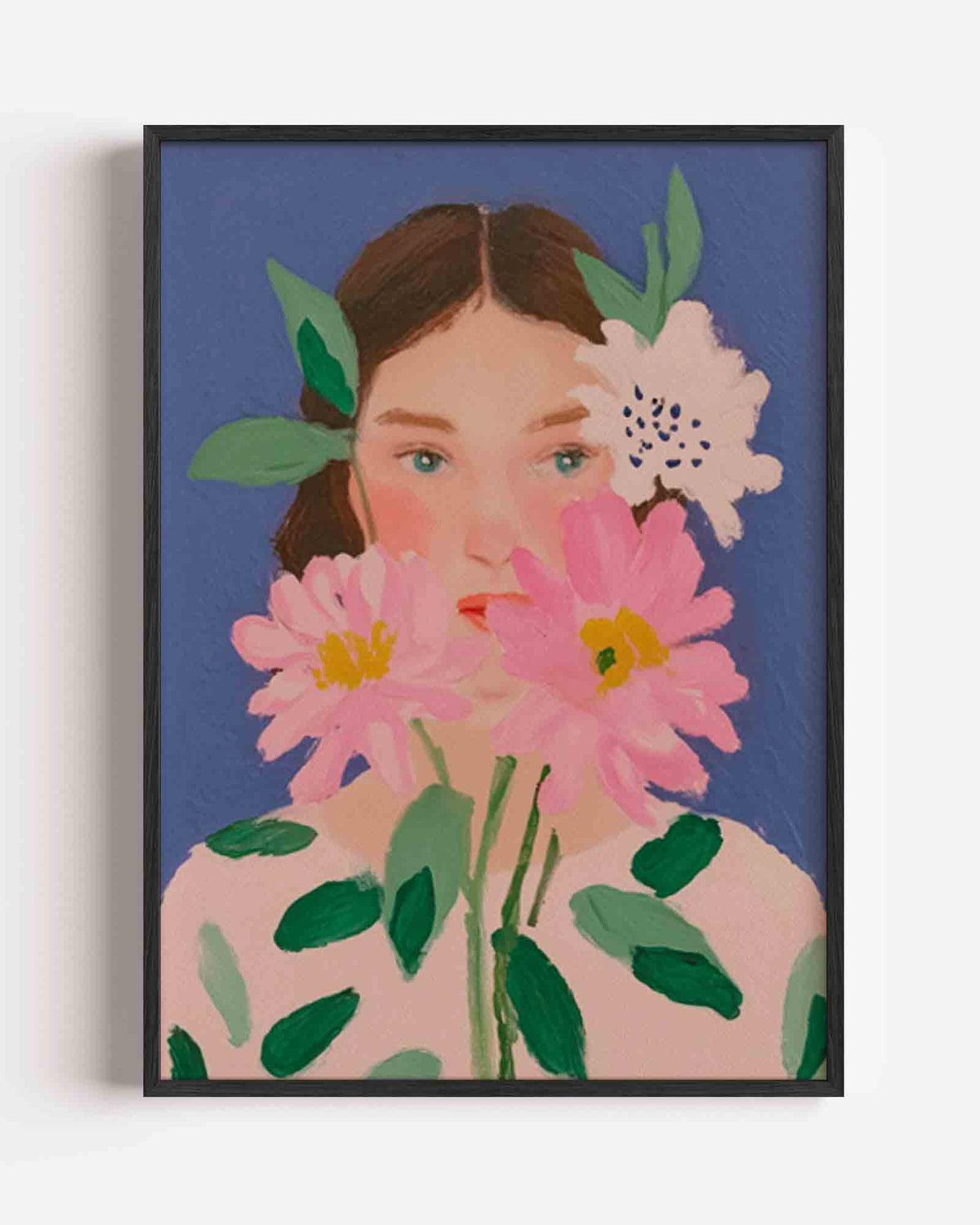 Bloemen en gezicht – pastel portret poster als wanddecoratie