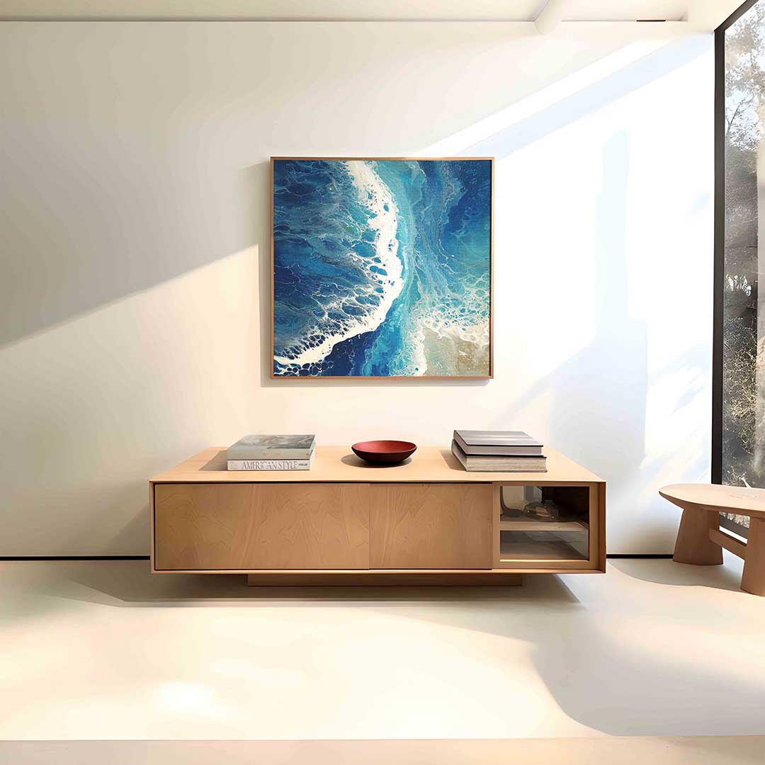 Golvende blauwe texturen – vierkante abstracte wanddecoratie van WallArtistic