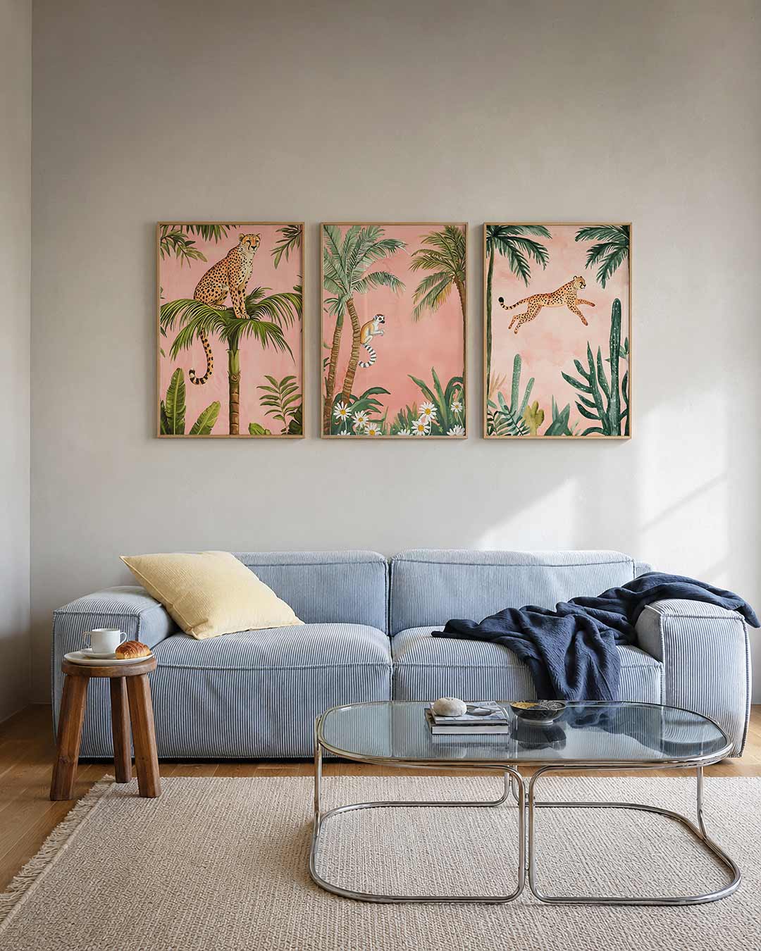 Jungle elegantie posterset – tweede productweergave – een sierlijke cheetah zit hoog op een palmblad tegen een