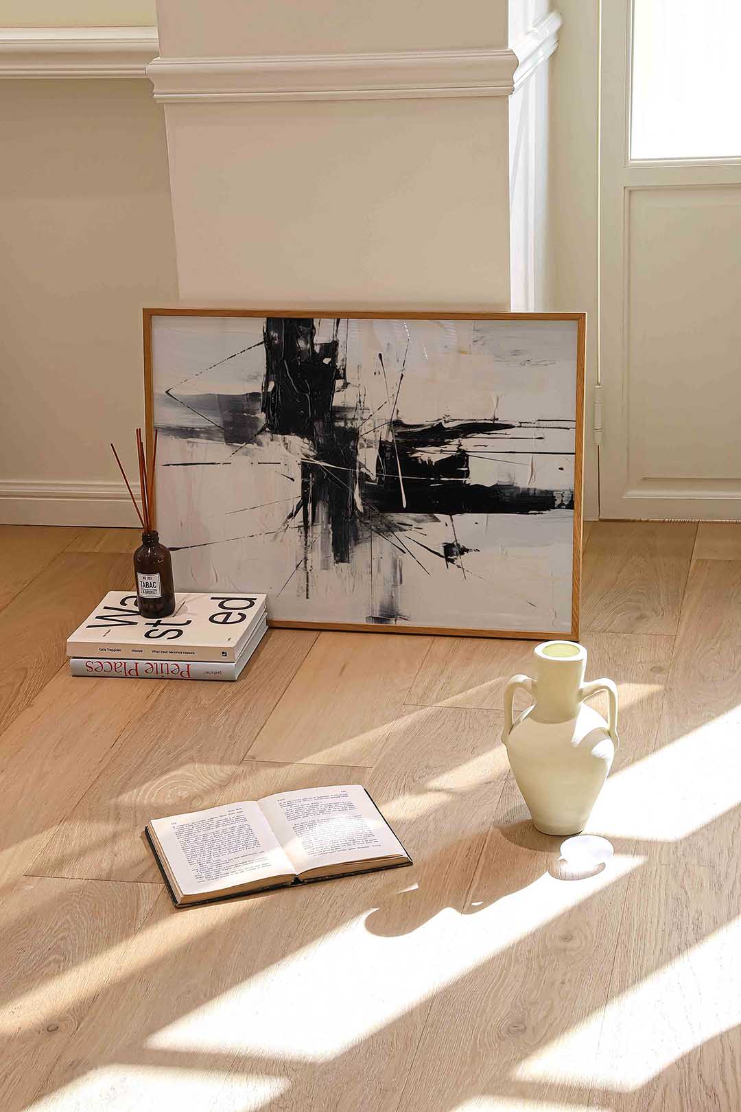 Abstracte zwart wit compositie – liggende abstracte wanddecoratie van WallArtistic