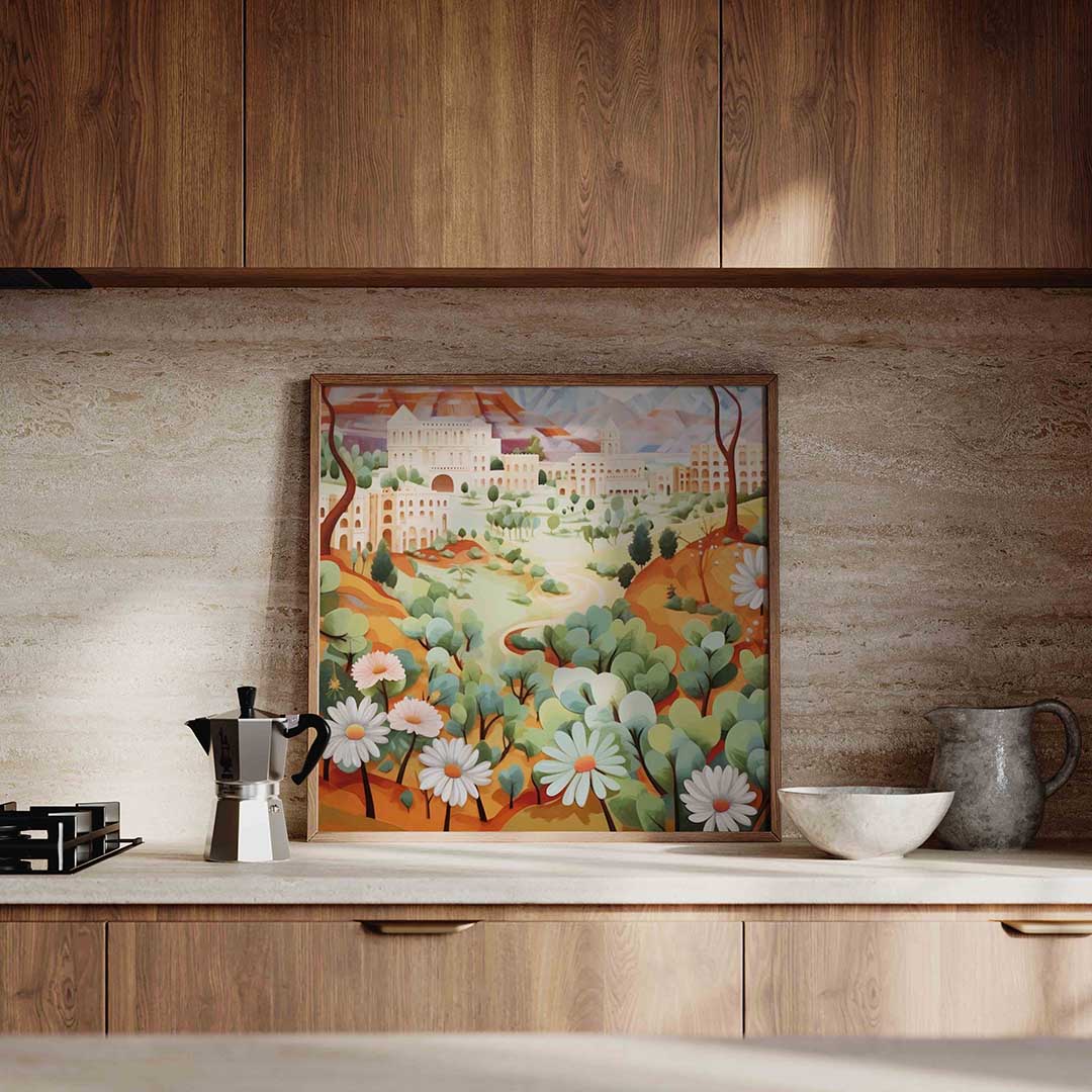 Landschap met gebouwen – culinaire wandkunst als vierkante poster