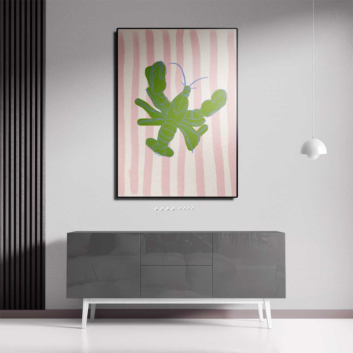 Groene Kreeft op Strepen – modern portret kunstwerk van WallArtistic