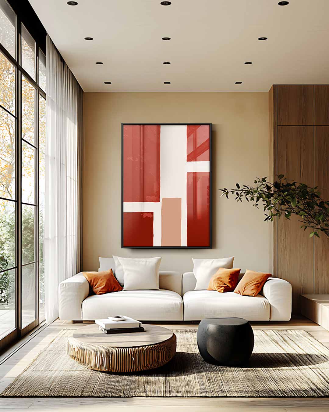 Warm Abstract Grid – staande wandkunst voor woonkamer of interieur