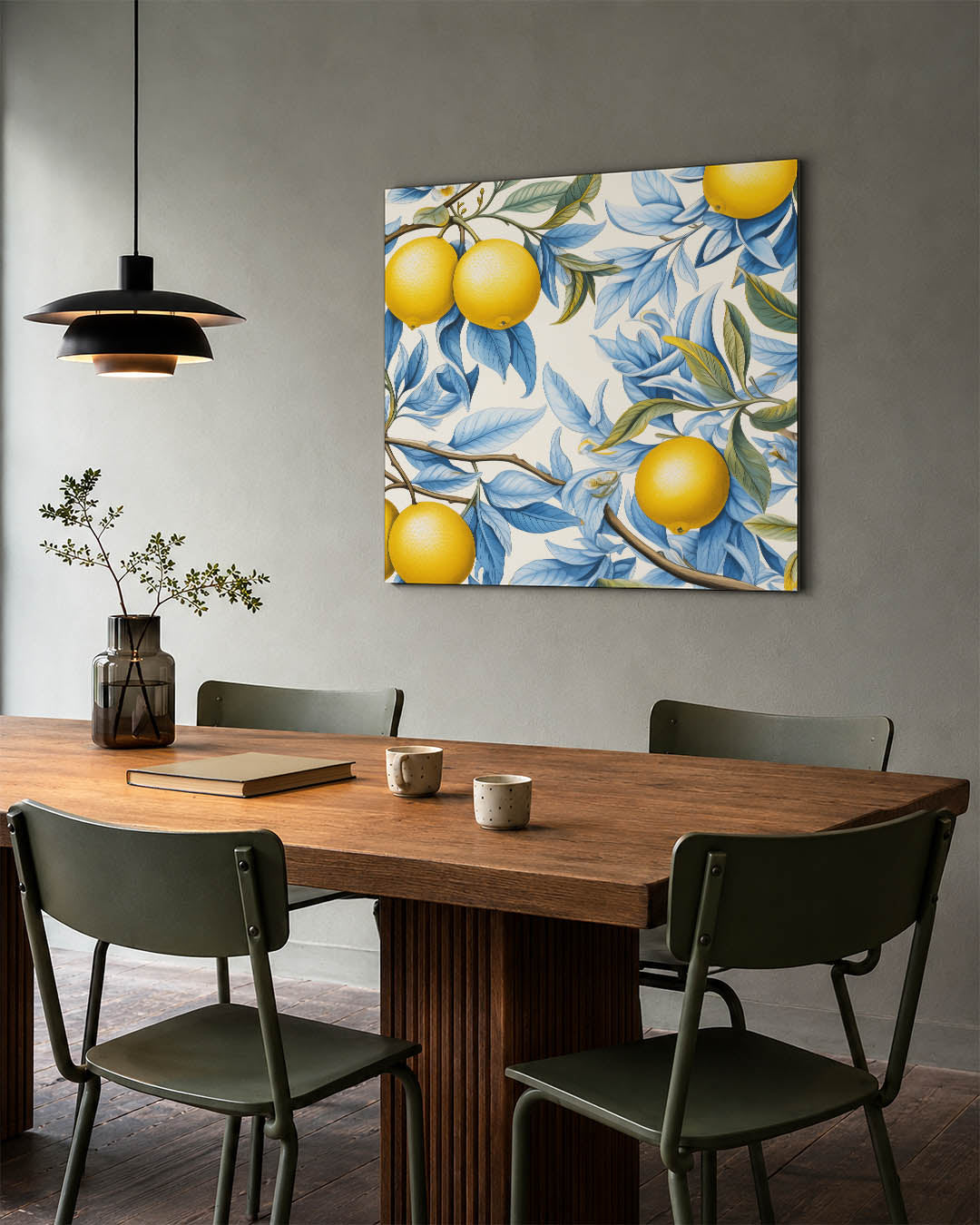 Citrus en bladeren kunstwerk – tweede productweergave – dit werk toont levendige gele citrusvruchten te midden van sierlijke
