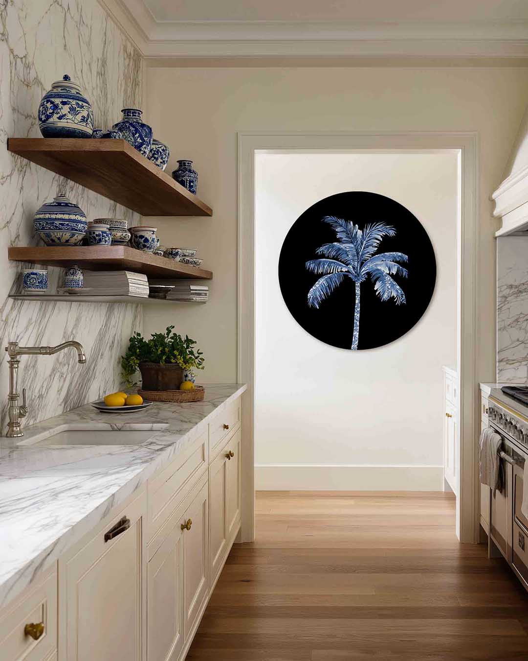 Blauwe palmboom – kleurrijke Pop Art muurcirkel voor aan de muur