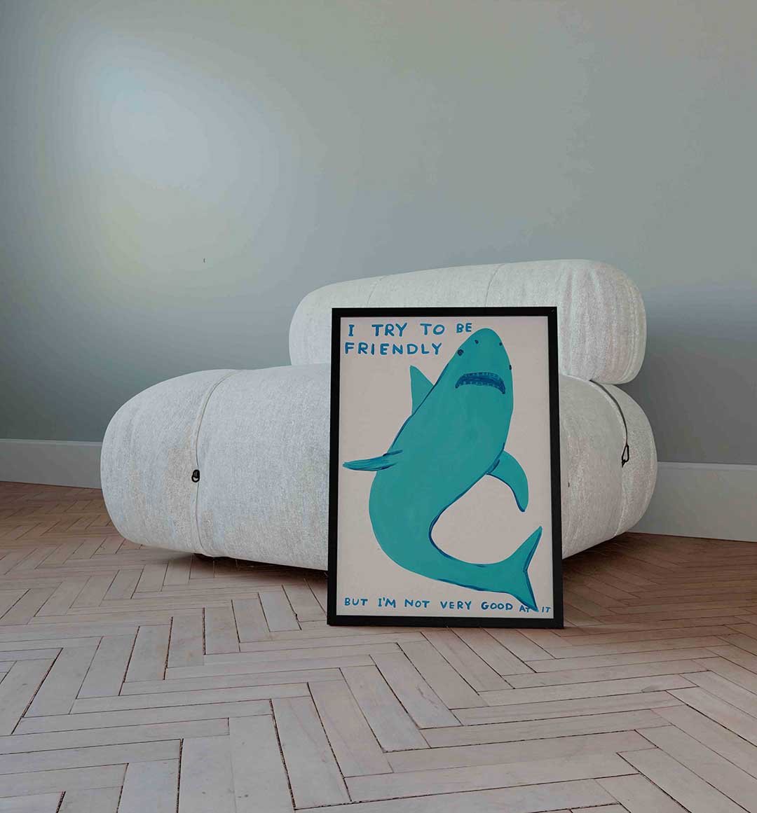 Blauwe haai met tekst – Streetart wandkunst als portret poster