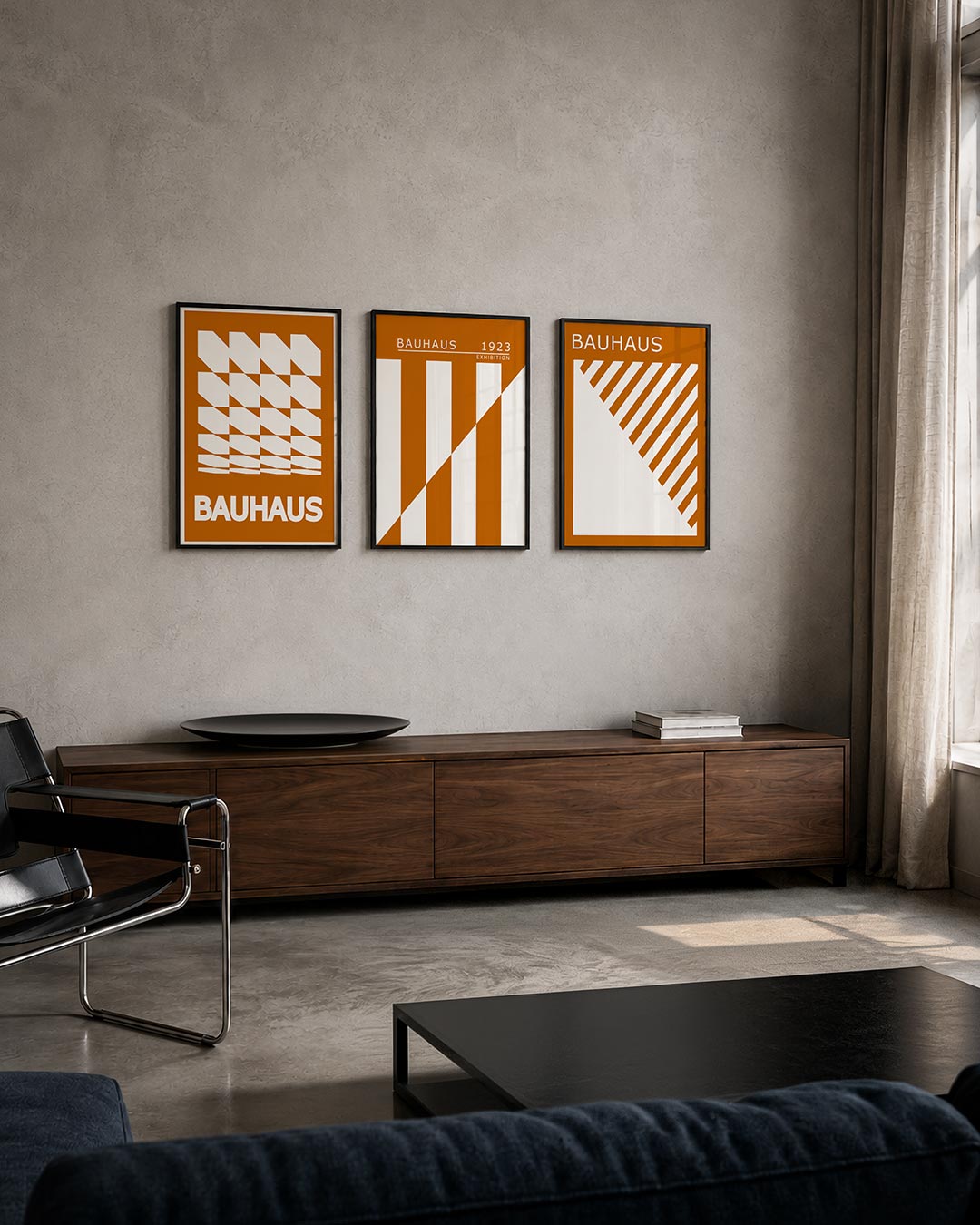 Vorm en ritme posterset – tweede productweergave – deze posterset in drie delen toont een dynamisch spel van witte en oranje