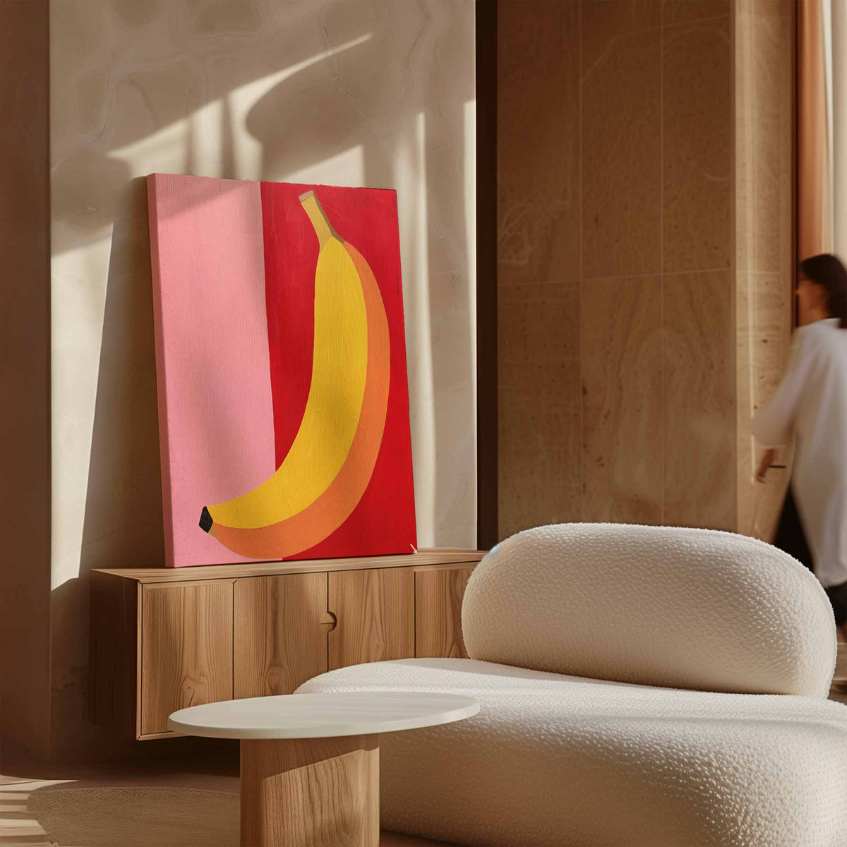 Kleurrijke Banaan op Roze en Rood – staand kunstwerk voor modern interieur