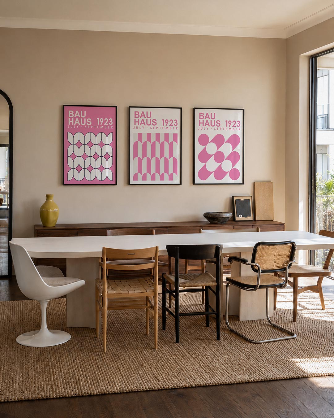 Kleur en ritme driedelige posterset – deze posterset in drie delen toont een speelse combinatie van roze en wit. De herhaling