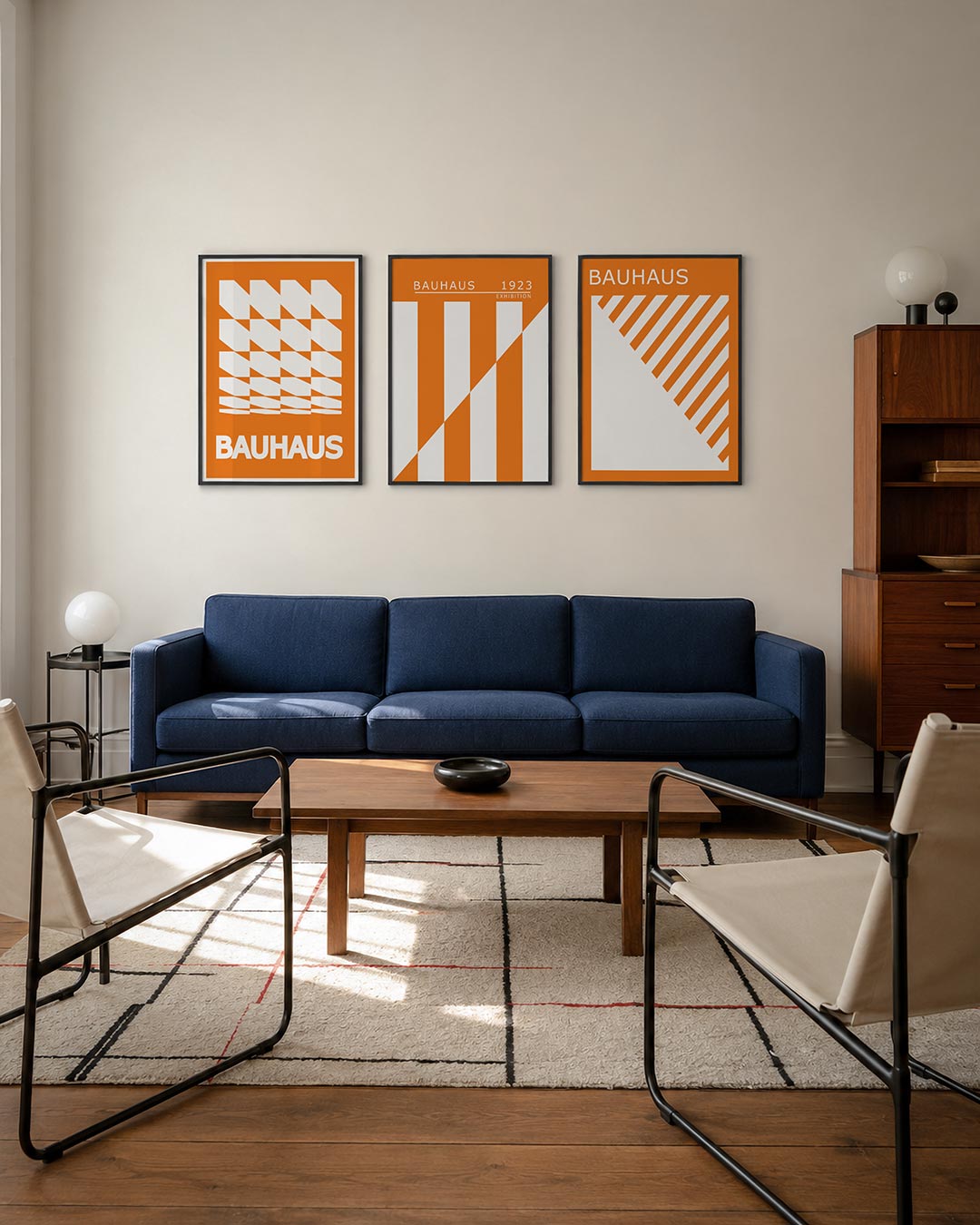 Oranje vlakritme driedelige posterset – deze posterset in drie delen toont een levendig spel van oranje en witte vlakken.